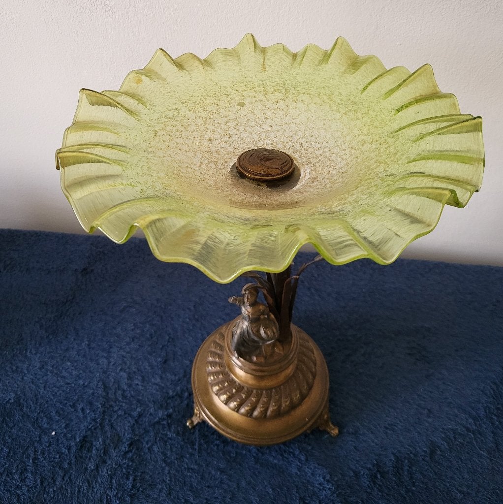 vintage/retro groene glazen schaal op koperen voet, Antiek en Kunst, Verzenden