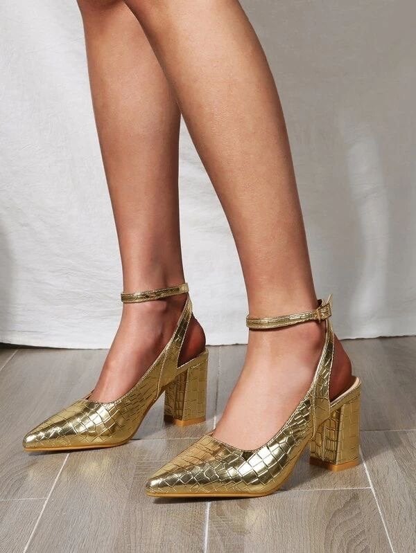Gouden pumps met krokodillenprint en enkelbandje, Verzenden, Zo goed als nieuw, Overige kleuren, Pumps