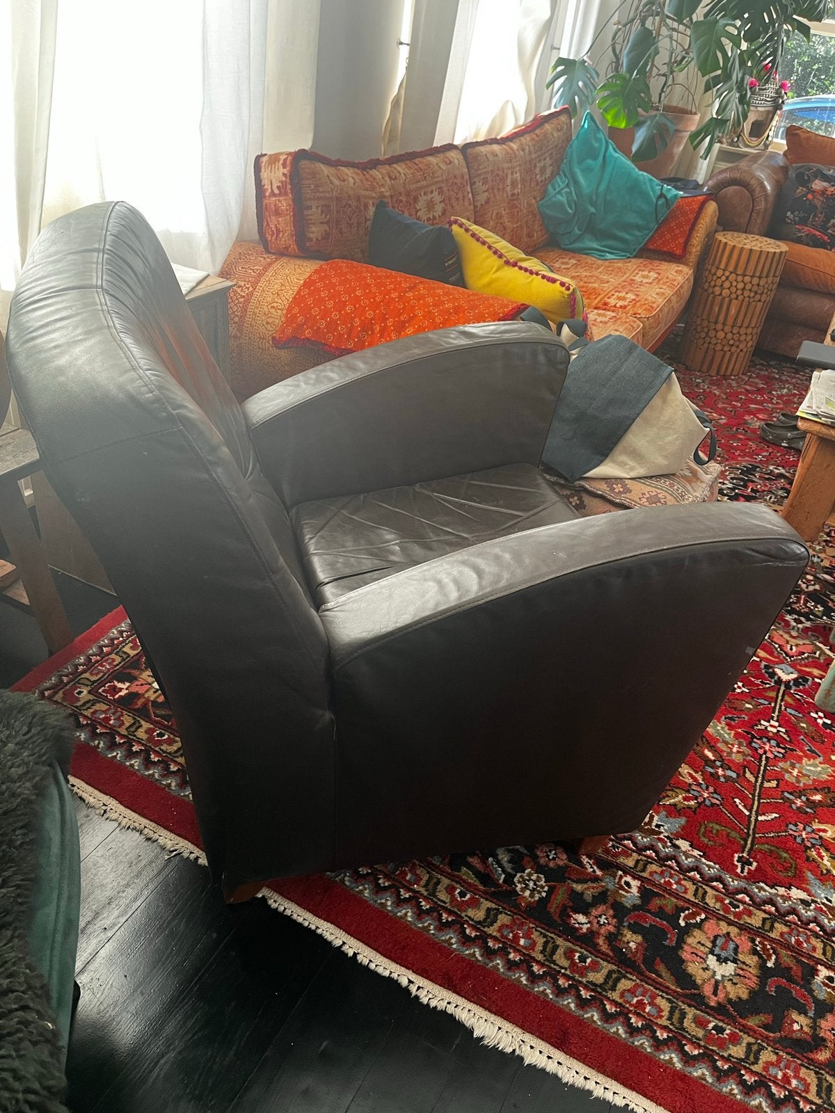 Comfortabele donkerbruine leren fauteuil, Huis en Inrichting, Ophalen, Gebruikt, Rookstoel, Minder dan 75 cm