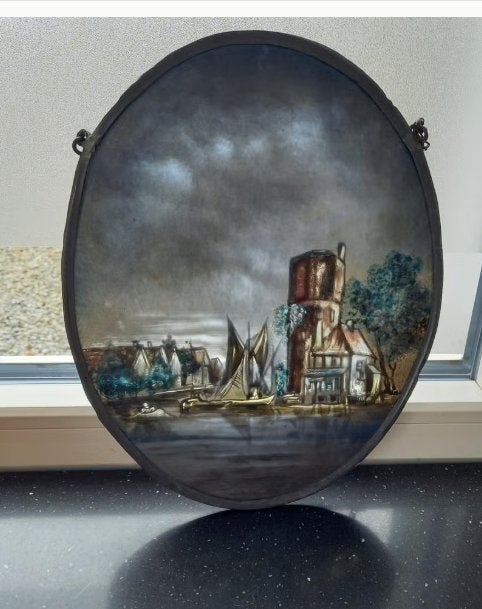 Eglomise glas in lood begin 20 de eeuw, Ophalen of Verzenden