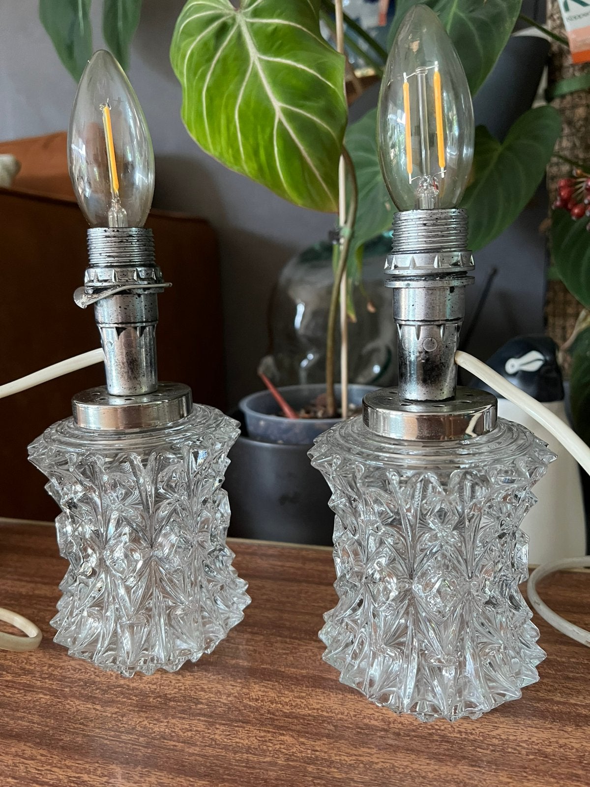 Set 2 Vintage Kristalglas Nachtkast-Tafellampjes Jaren 70, Ophalen of Verzenden, Gebruikt, Sfeerlamp, Vintage