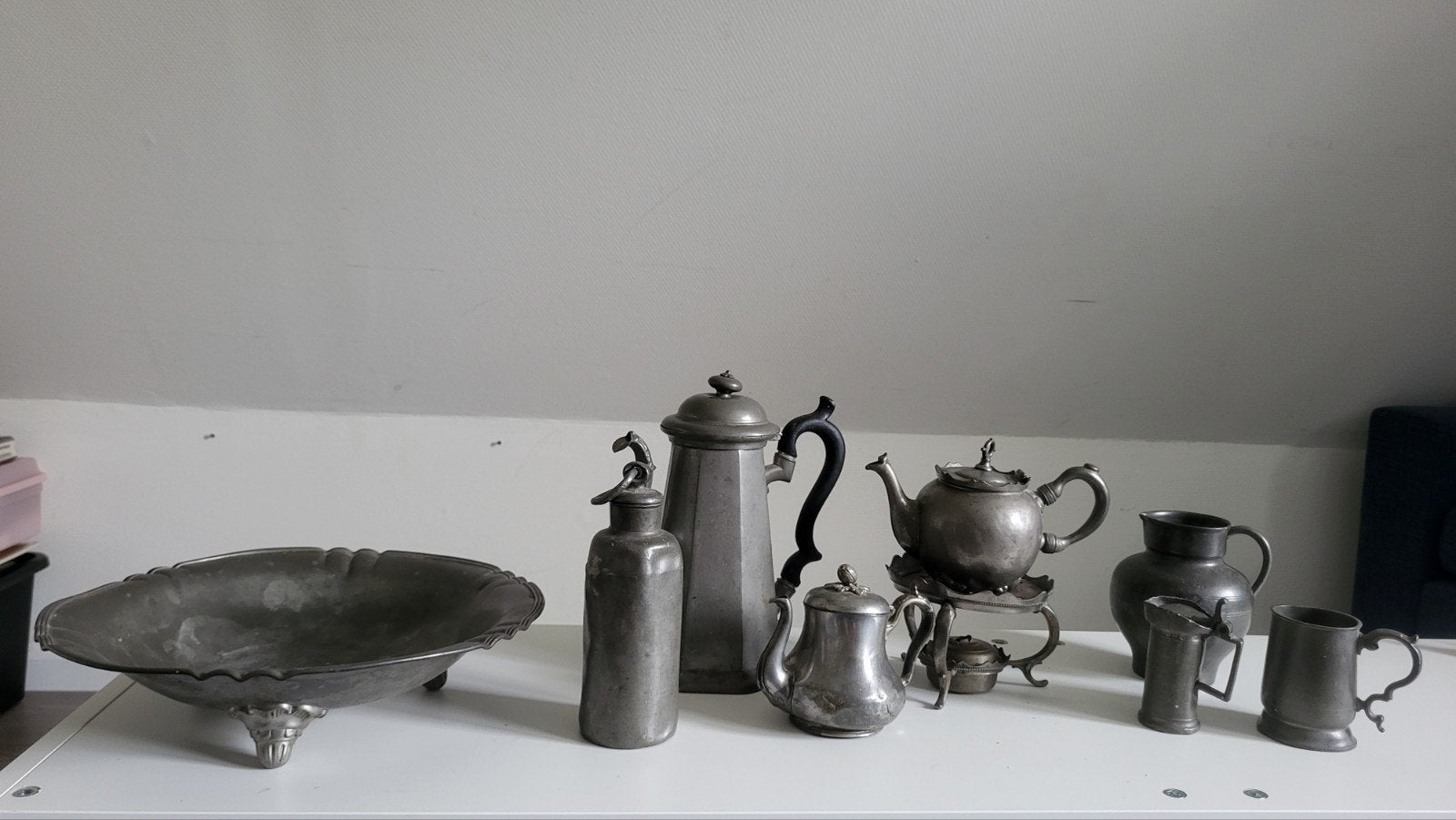Antieke tinnen theepotten, kannen en bekers, schaal en kruik, Antiek en Kunst, Ophalen of Verzenden