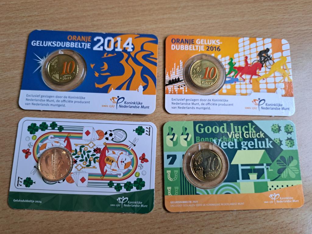 4 verschillende jaartallen Geluksdubbeltje
2014 /16/21/24, Postzegels en Munten, Munten | Nederland, Ophalen of Verzenden, Euro's