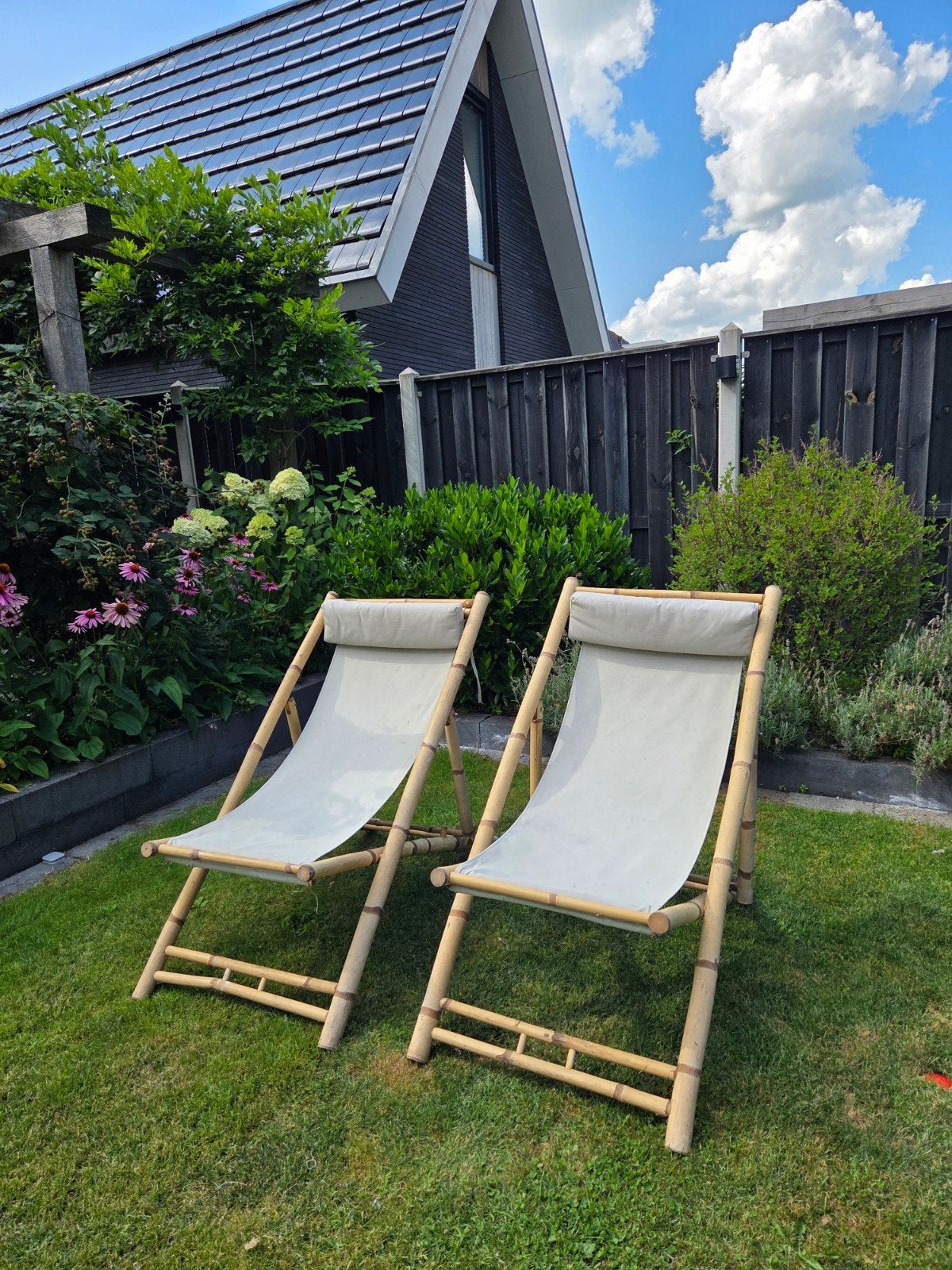 2x Bamboe strandstoelen / ligstoelen, Tuin en Terras, Ophalen, Gebruikt, Overige materialen, Inklapbaar