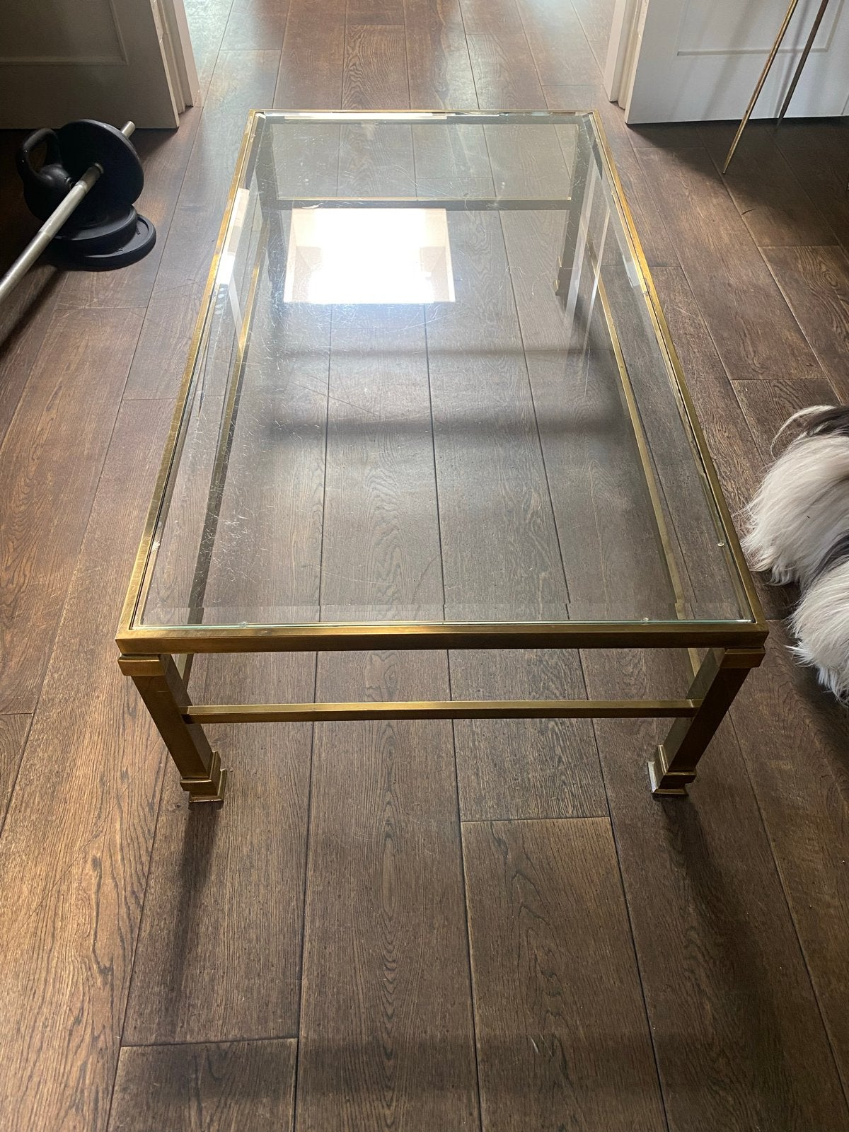 Messing salon tafel met glazen blad, Ophalen, Gebruikt, 50 tot 100 cm, Glas