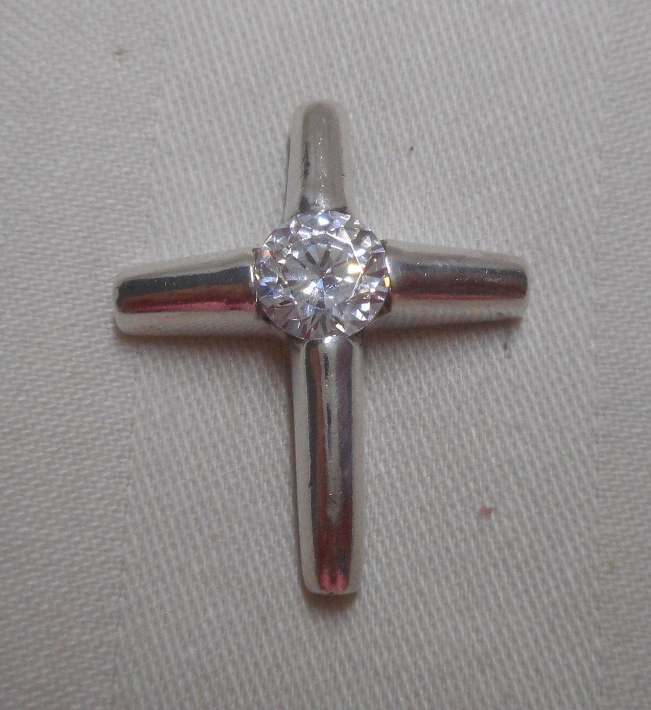 Zilveren vintage kruis hanger met heldere steen nr.1052, Verzenden, Zo goed als nieuw, Kruis of Symbool, Zilver