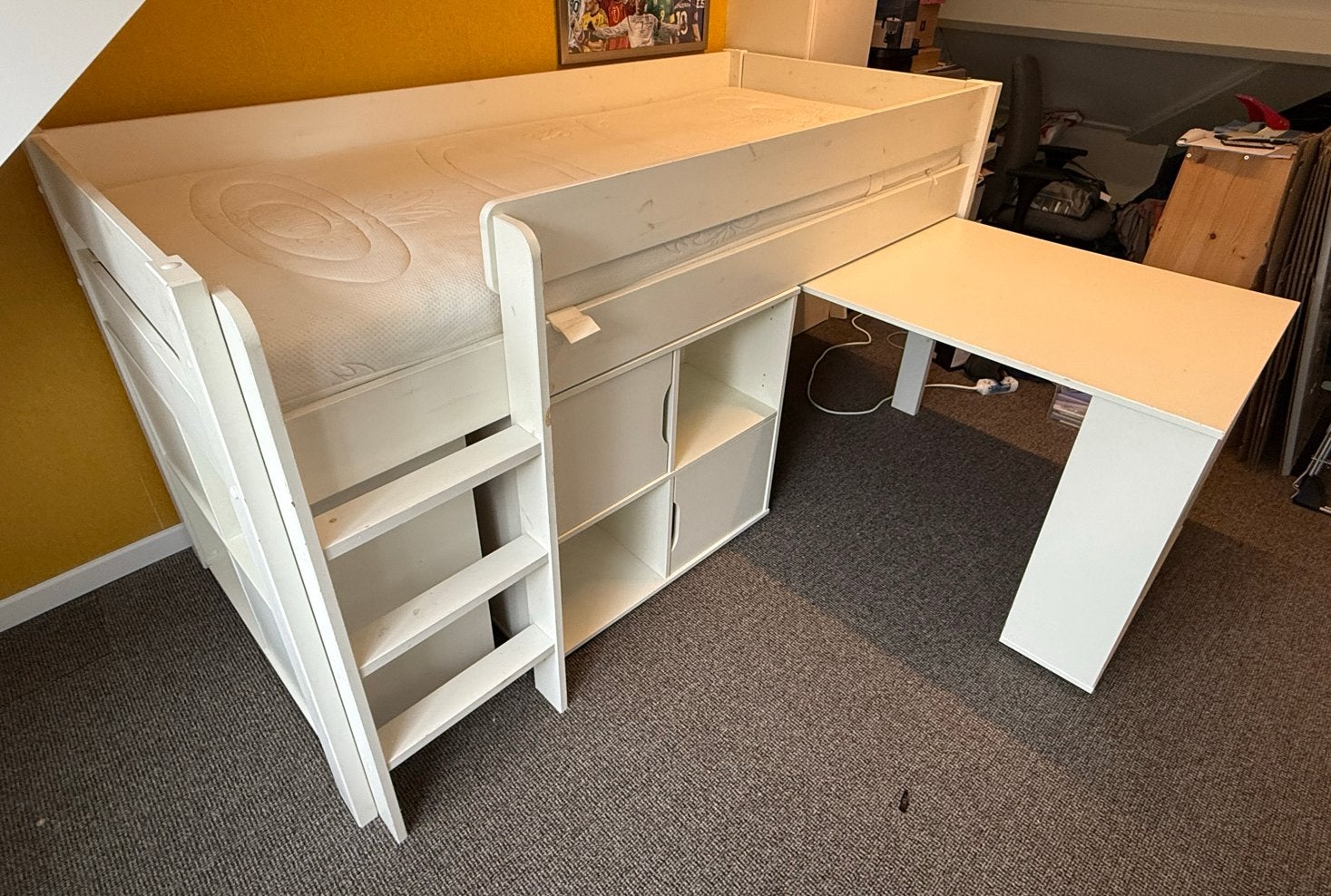 Grenen halfhoogslaper met bureau en opbergkasten, Ophalen, Gebruikt, 90 cm, Eenpersoons