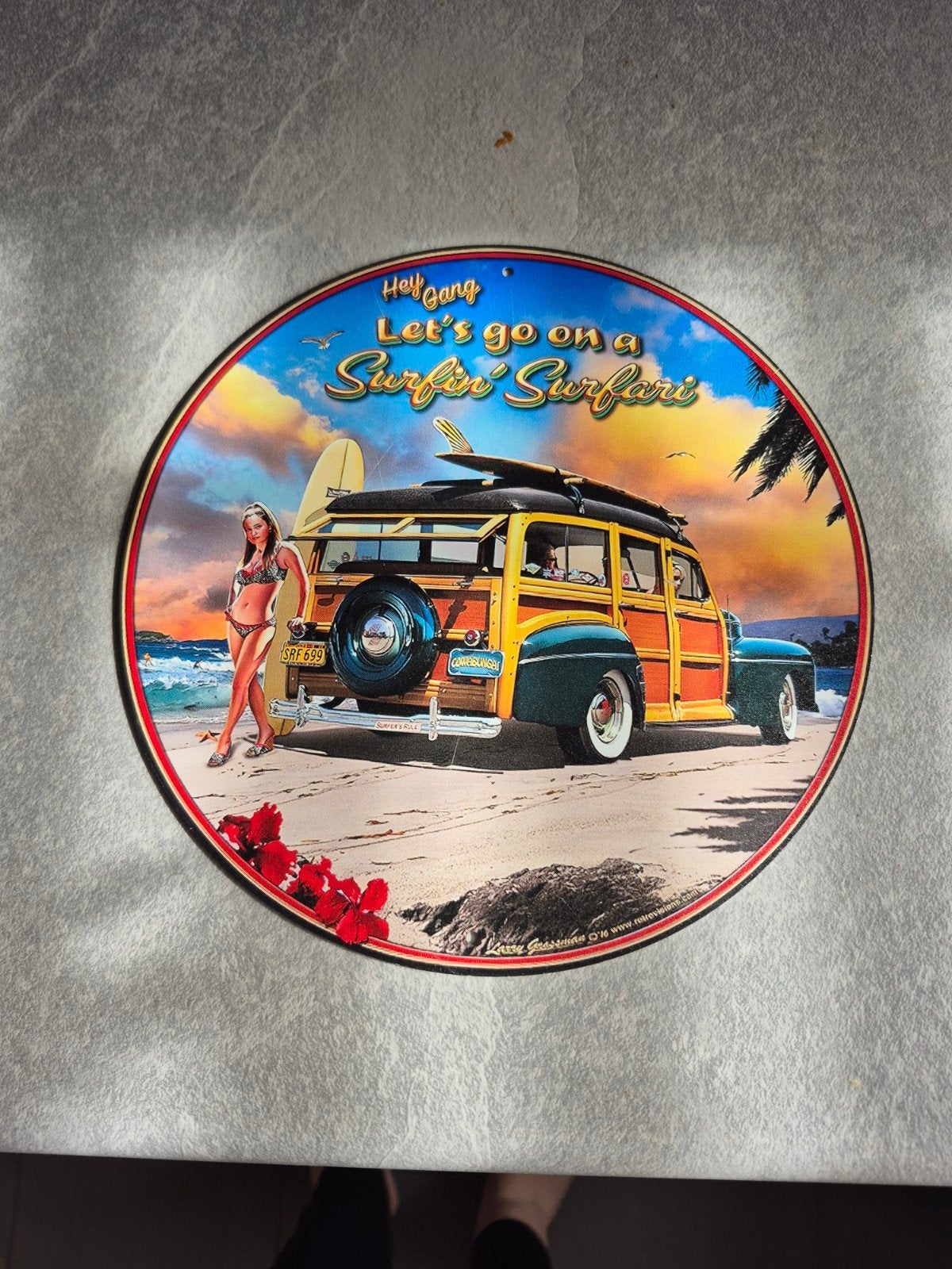 Vintage Surfin' Surfari Reclamebord - Strand & Auto, Ophalen of Verzenden