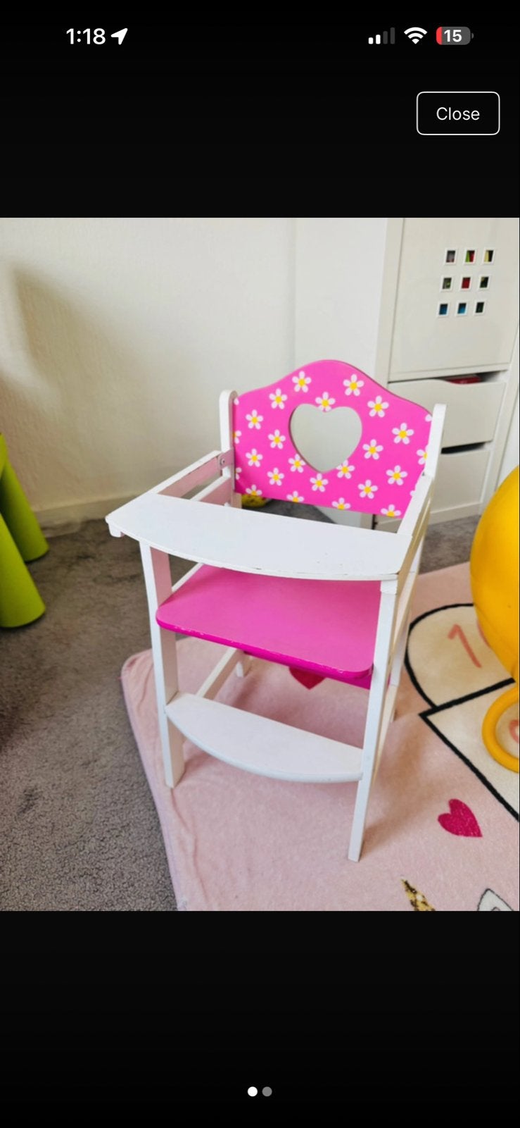 Leuke roze kinderstoel met hartje en bloemetjes, Ophalen of Verzenden, Gebruikt, Overige typen