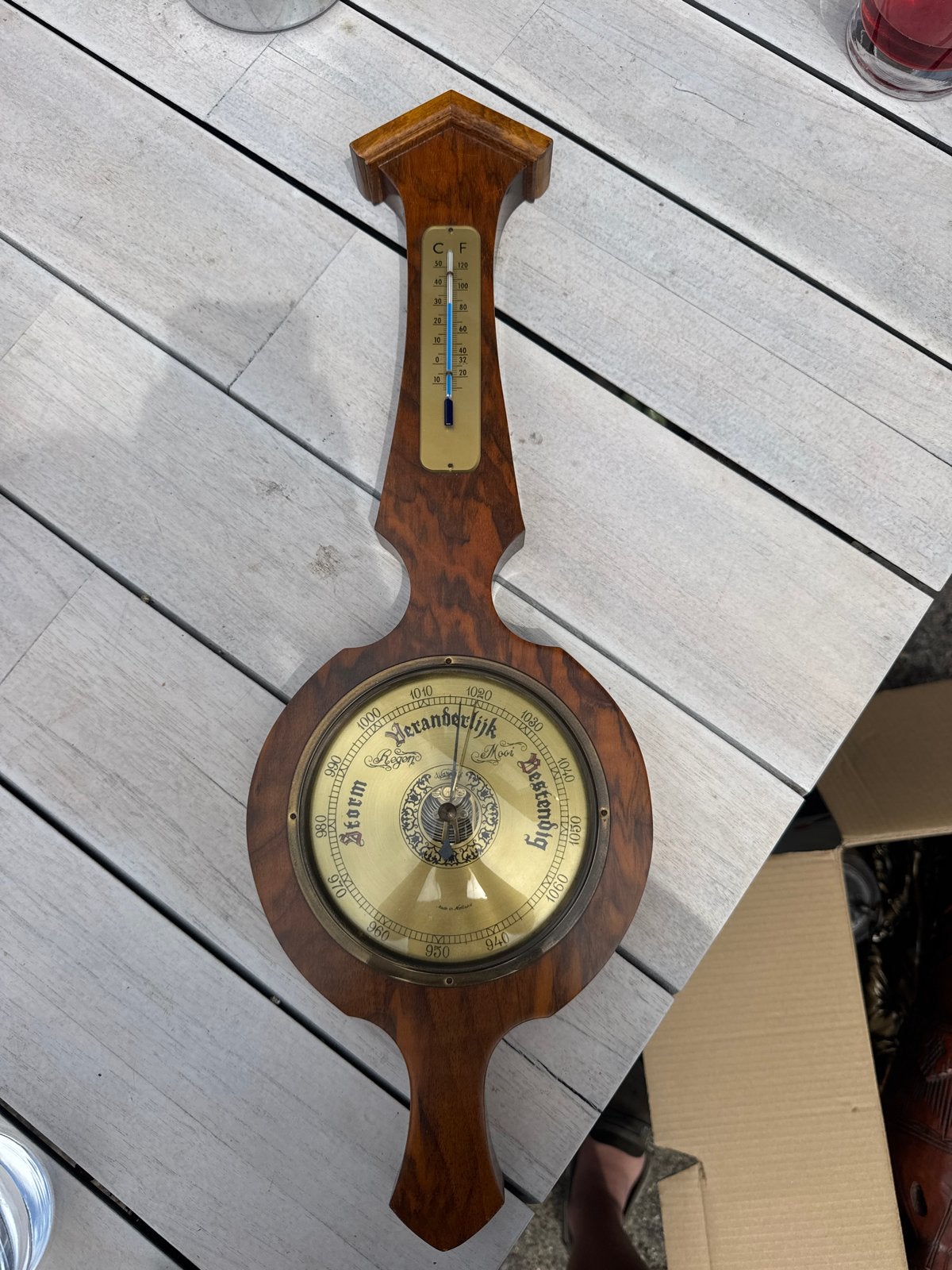 Vintage Barometer en Thermometer - Hout en Messing, Ophalen, Gebruikt, Barometer