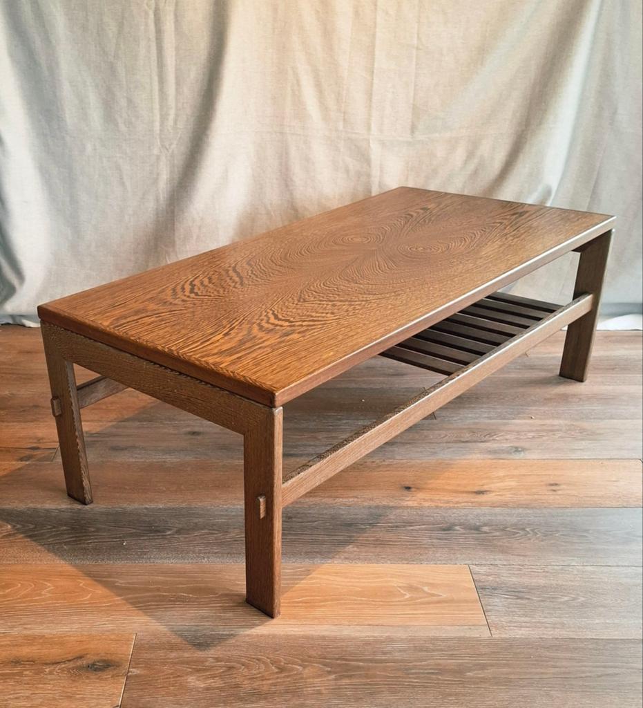 Vintage Japandi Wengé Salontafel, Ophalen, Gebruikt, 100 tot 150 cm, Glas
