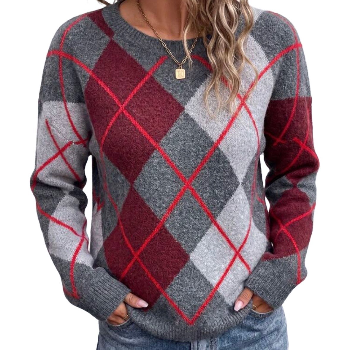 Argyle trui met ronde hals - grijs, rood, wit (44-50), Verzenden, Nieuw, Grijs, Trui of Vest