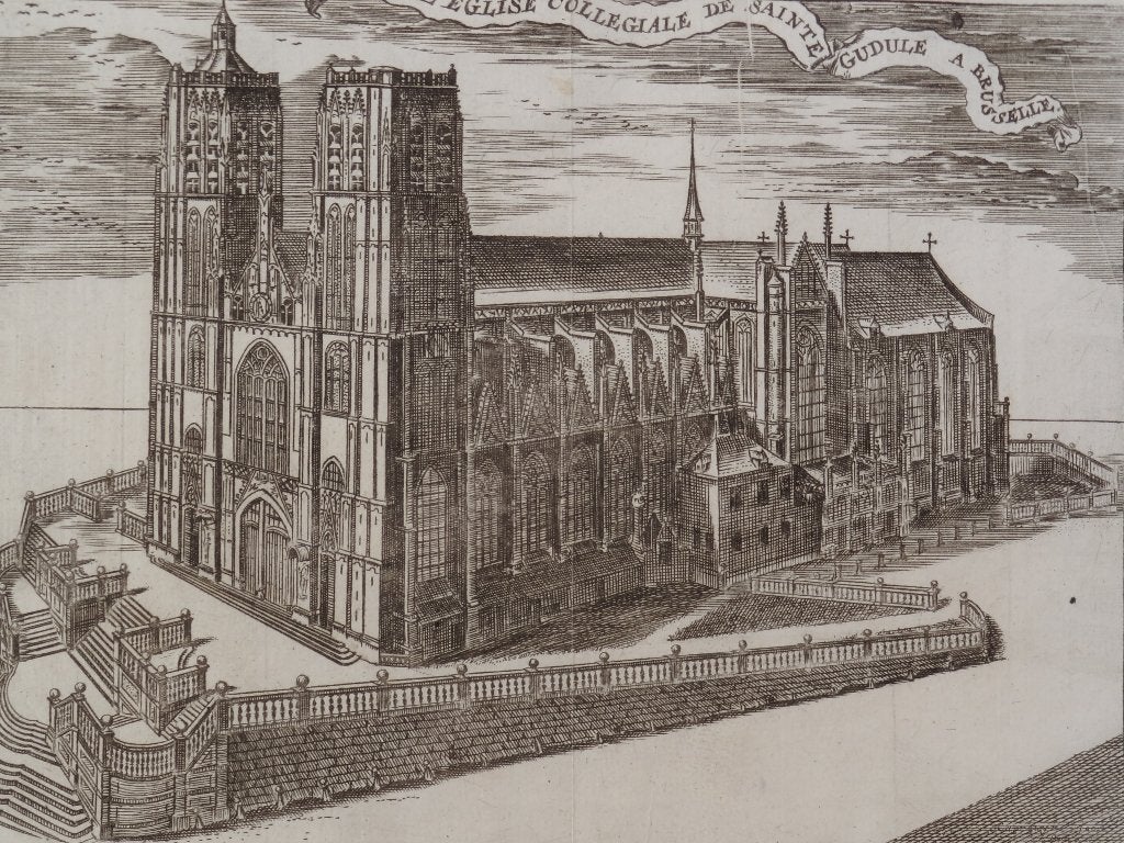 Kathedraal Sint-Michiel Sint-Goedele Brussel Harrewijn 1720, Stadsgezicht, Ophalen of Verzenden, Gravure, Origineel