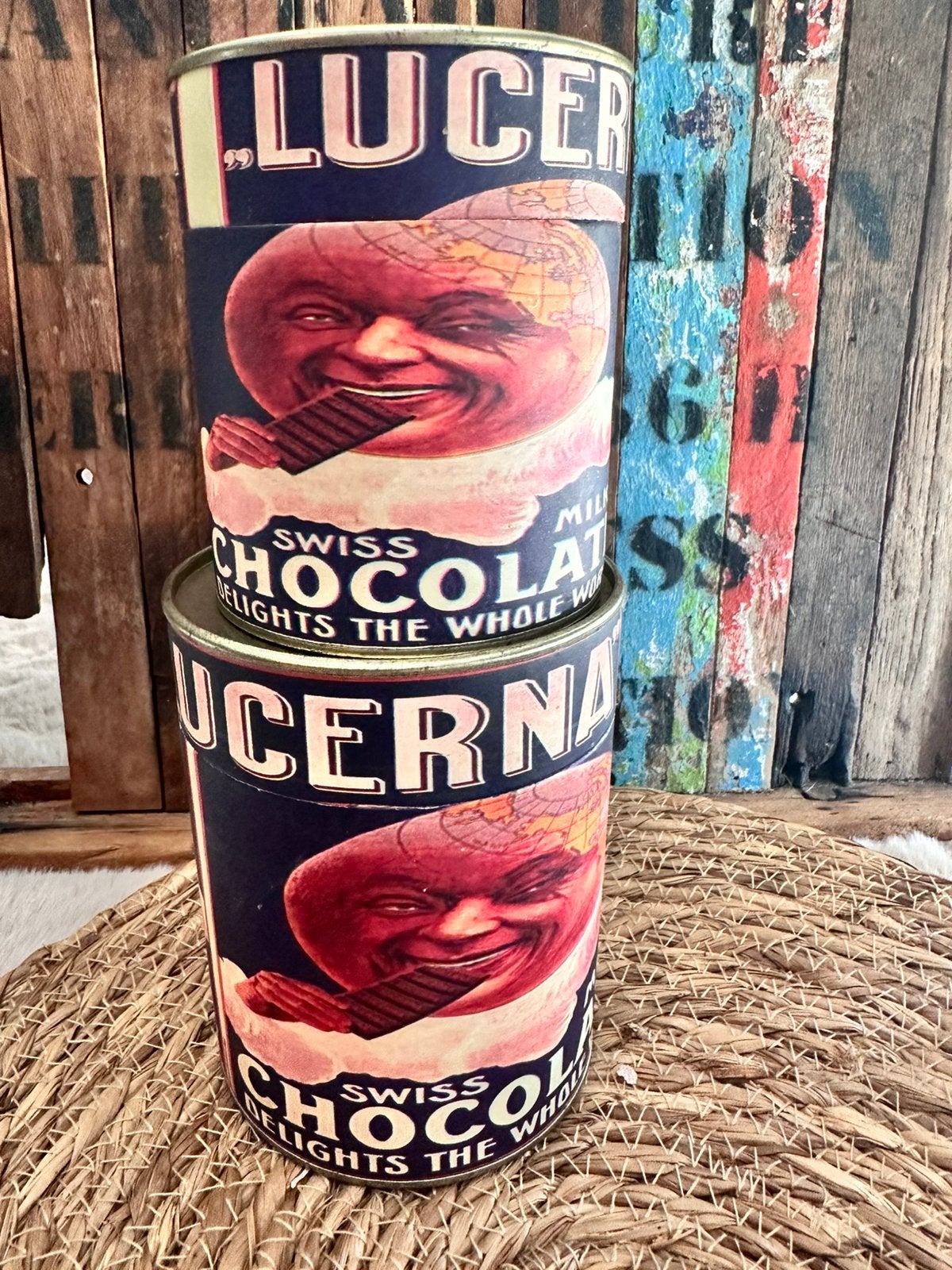 Vintage  Lucerna Swiss Milk Chocolate bewaardozen / blikken, Ophalen of Verzenden, Zo goed als nieuw, Overige