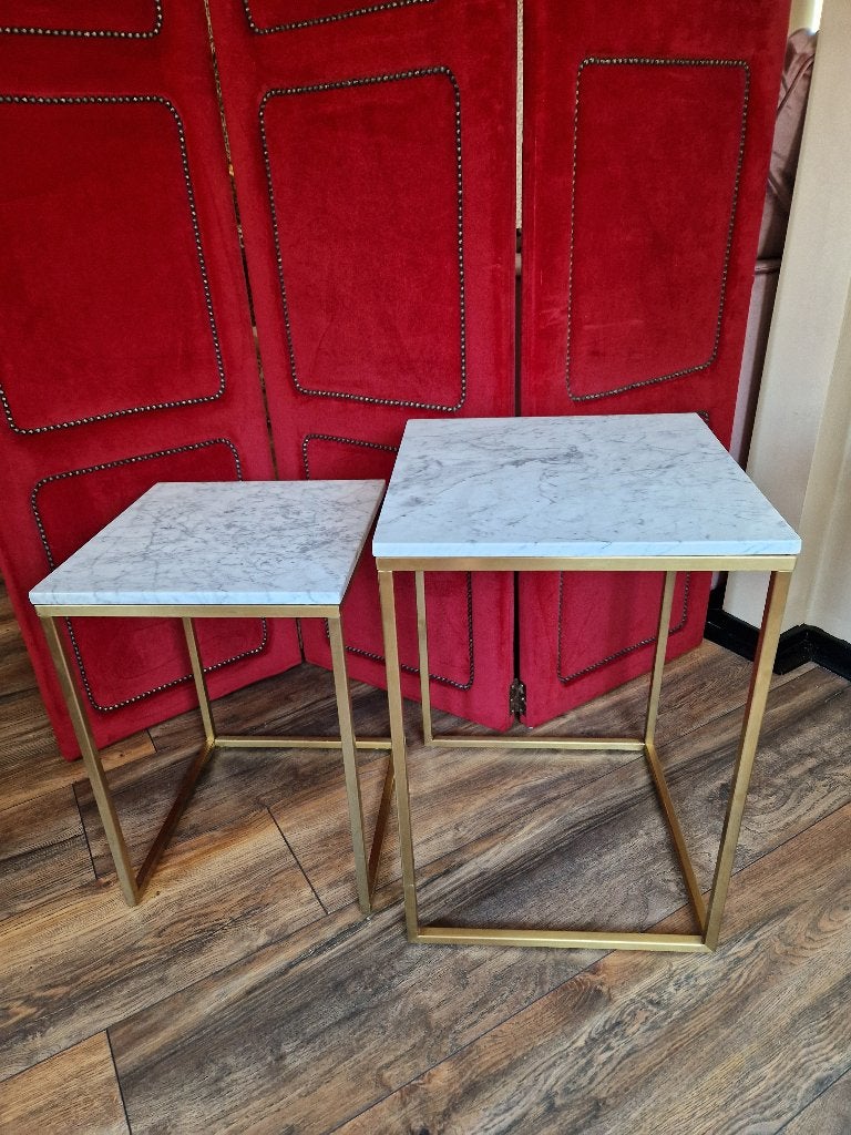 Luxe Set van 2 Marmeren Bijzettafels – Goud & Wit Marmer, Overige materialen, Minder dan 55 cm, Vierkant, Zo goed als nieuw
