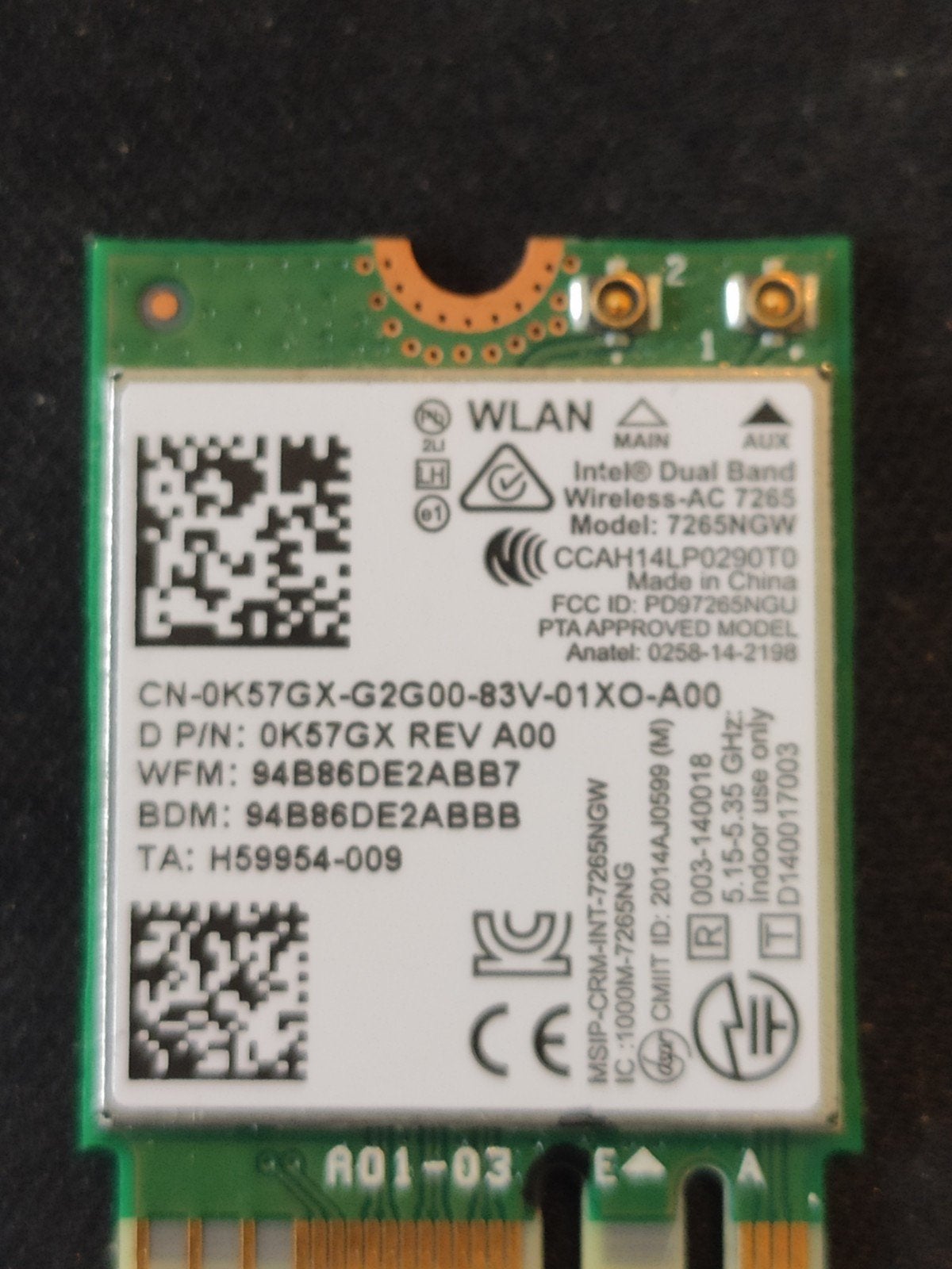 Intel Dual Band Wireless-AC 7265 Wifi en Bluetooth Kaart, Ophalen of Verzenden, Gebruikt, Intern, Intel