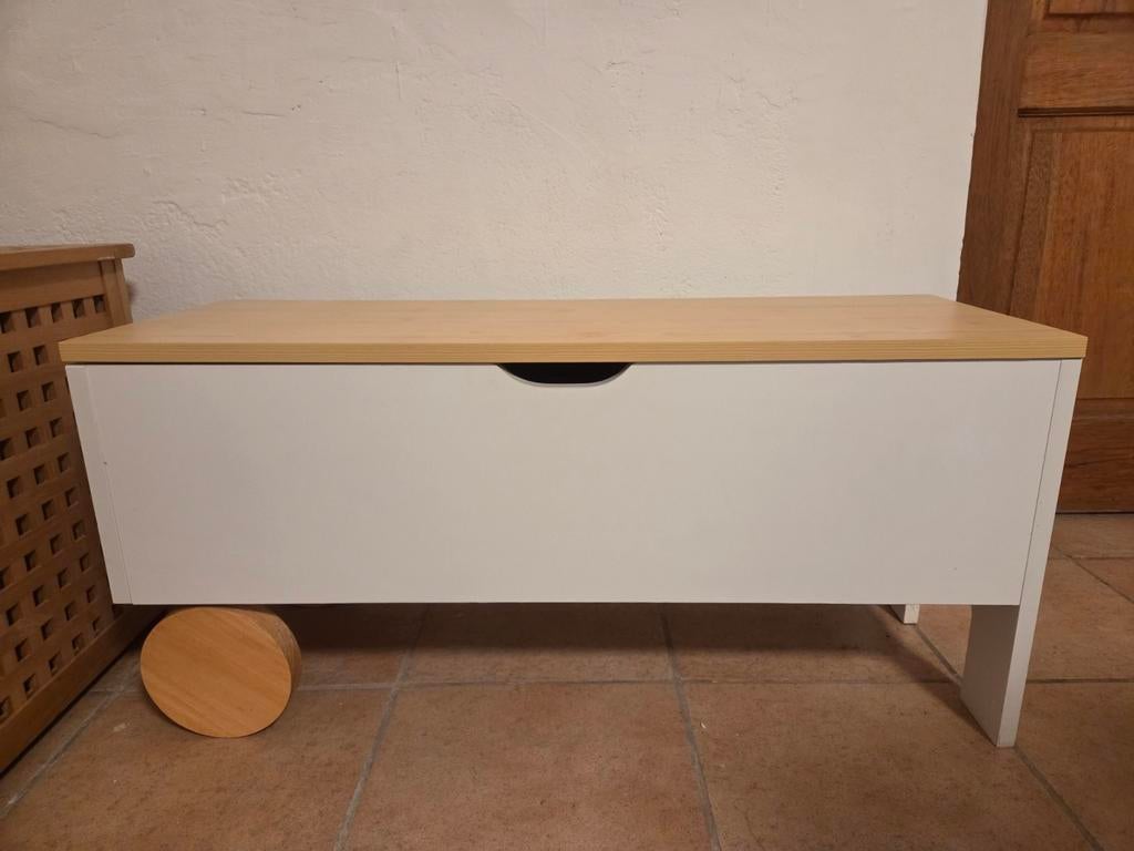 Witte opbergbank met houten deksel 90 B x 42 H, Ophalen, Minder dan 50 cm, 50 tot 100 cm, Zo goed als nieuw