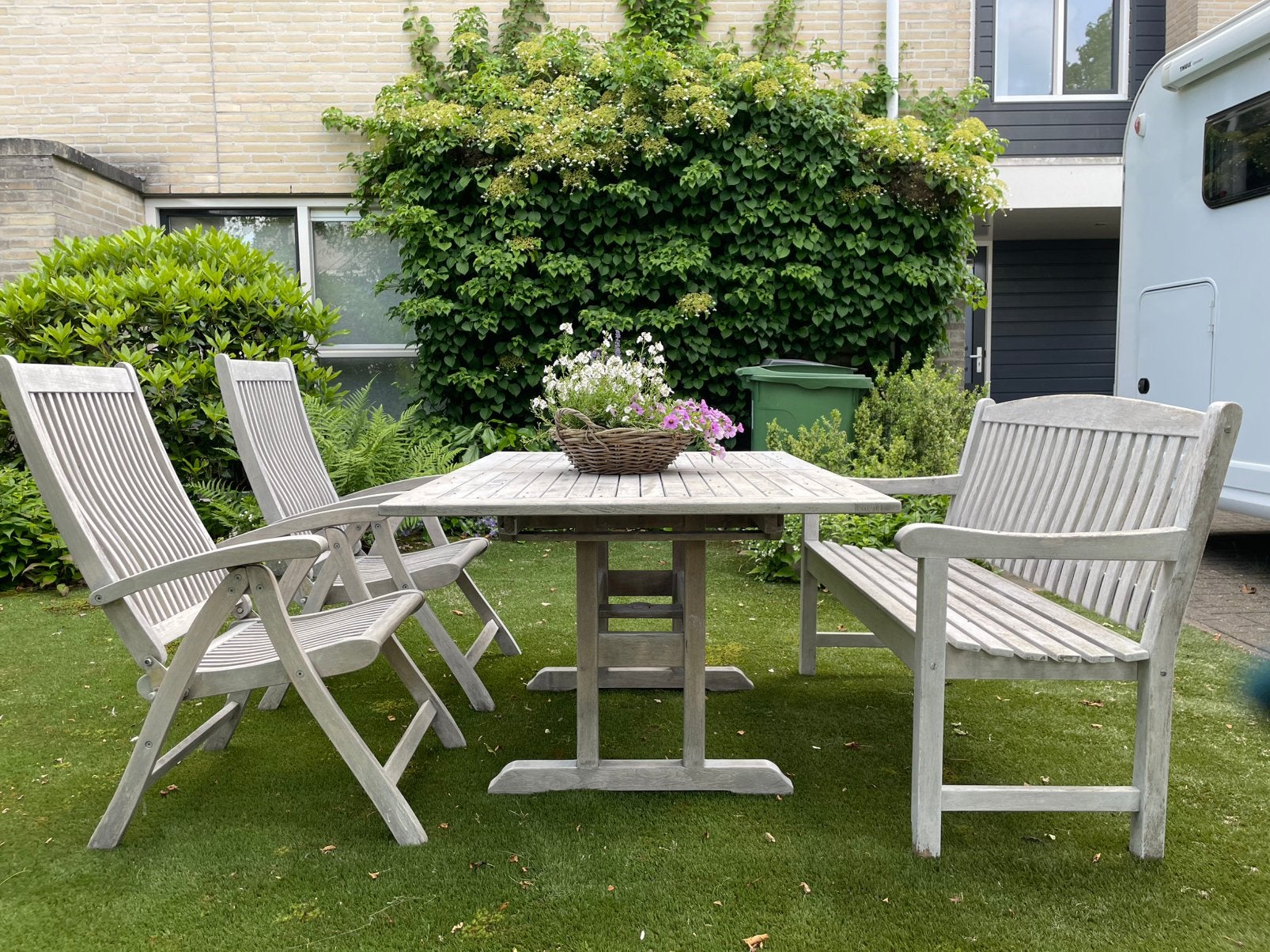 Houten tuinset met bank en verstelbare stoelen, Tuin en Terras, Tuinsets en Loungesets, Ophalen, 4 zitplaatsen, Gebruikt, Bank