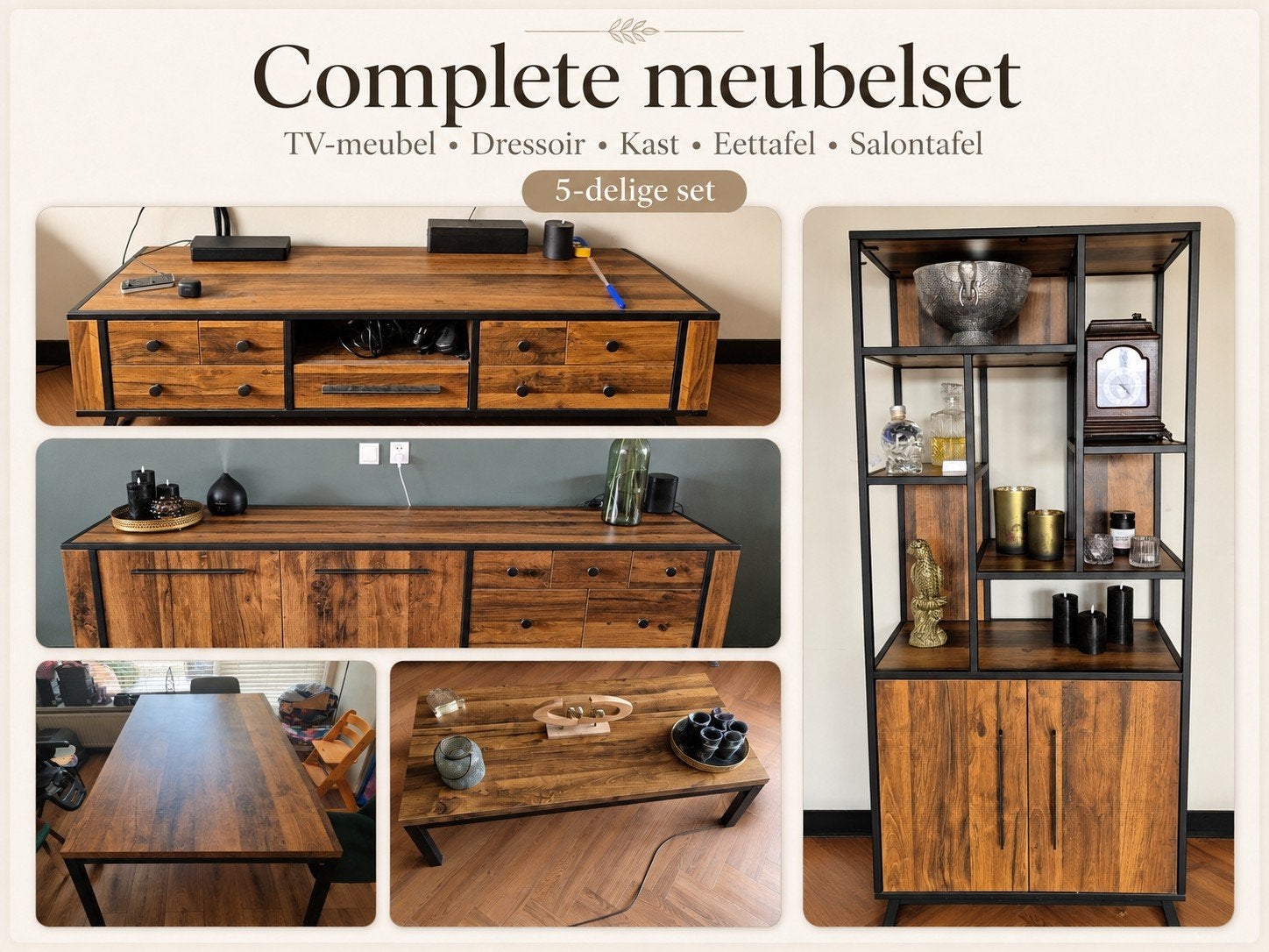 Complete industriële meubelset | 5-delig | houtlook & zwart, Ophalen of Verzenden