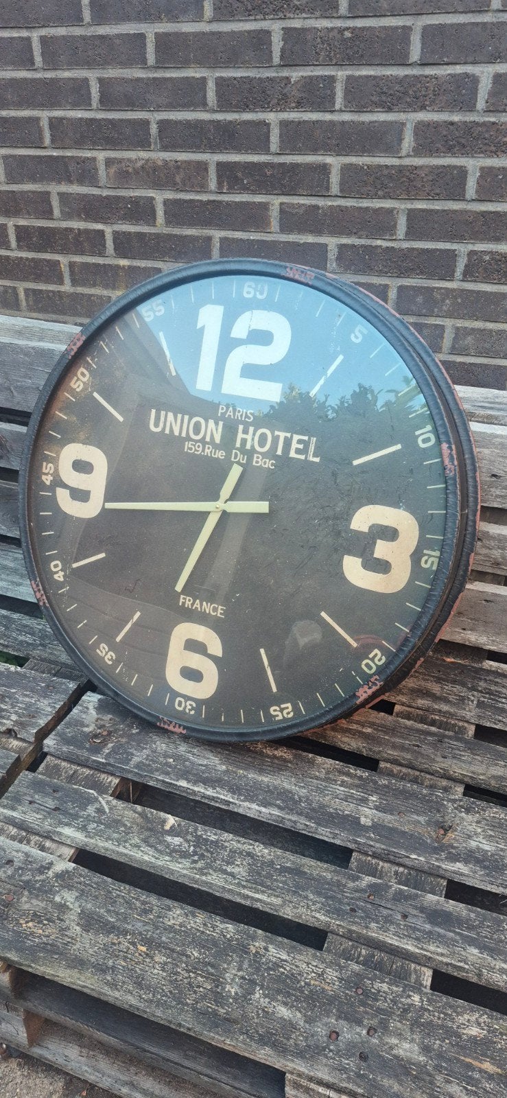 Grote Industriële Wandklok Union Hotel Paris - 90 cm, Ophalen, Analoog, Werkt op batterijen, Industrieel