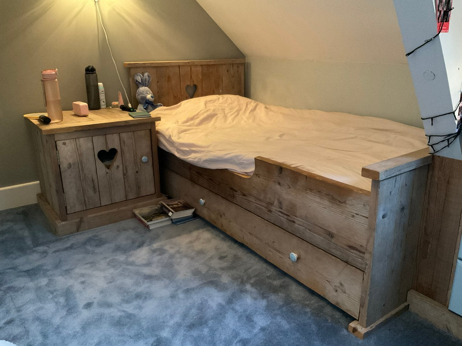 Steigerhouten bed met grote lade., Ophalen, Gebruikt, 90 cm, Eenpersoons