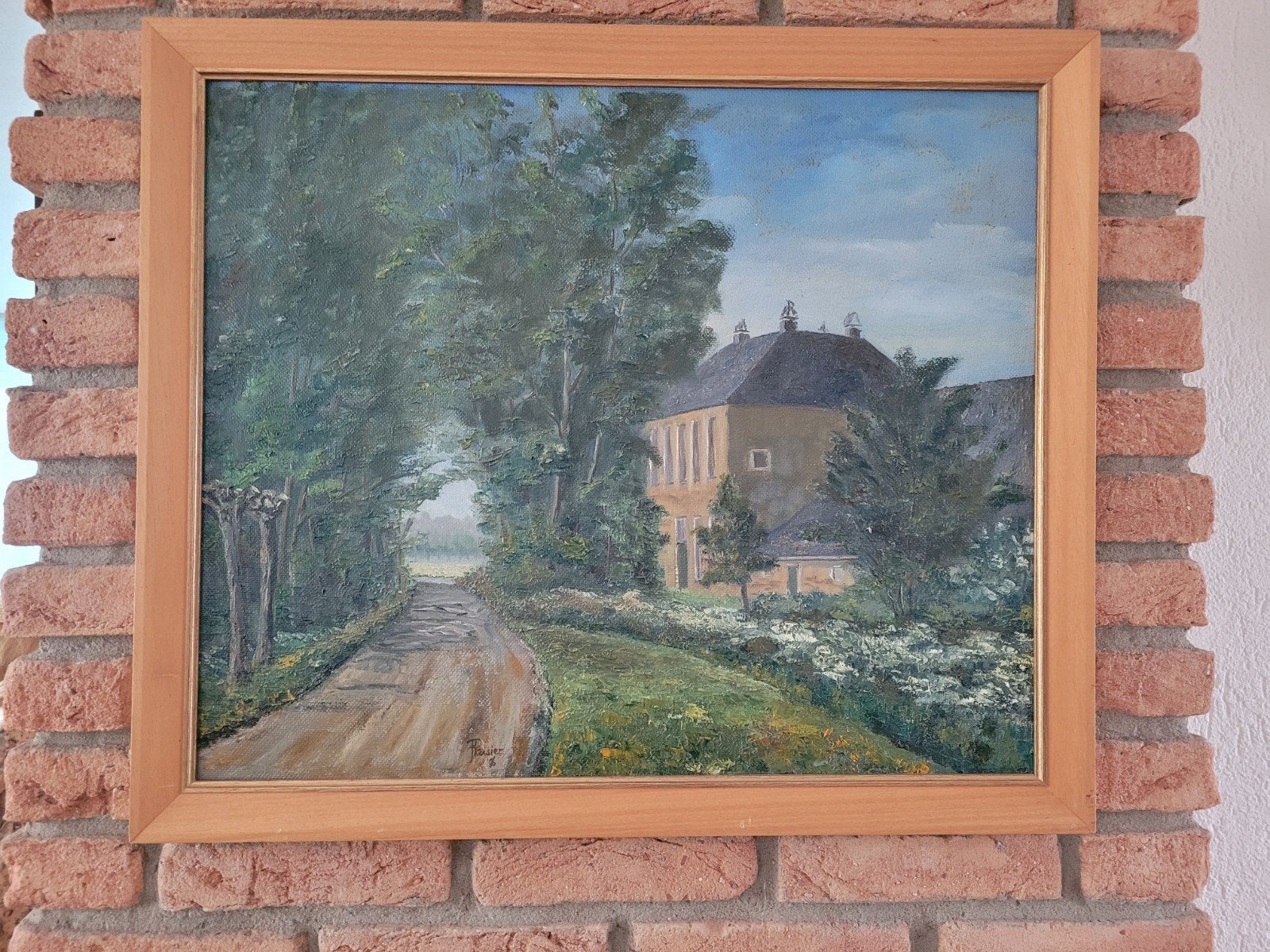 Mooi origineel handgeschilderd schilderij bospad boerderij, Antiek en Kunst, Ophalen of Verzenden, Realistisch, Landschap