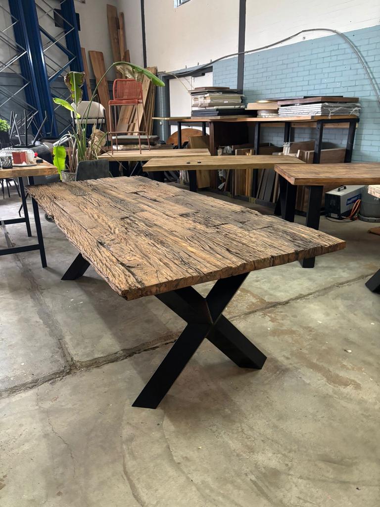 Robuuste Drijfhout Eettafel 240x100 cm met X-poten, Overige houtsoorten, Gebruikt, 100 tot 150 cm, 200 cm of meer