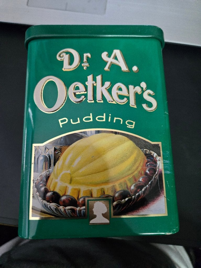 vintage Dr. Oetker puddingblik 15x10x10 cm, Ophalen, Voorraadpot, Metaal, Overige merken