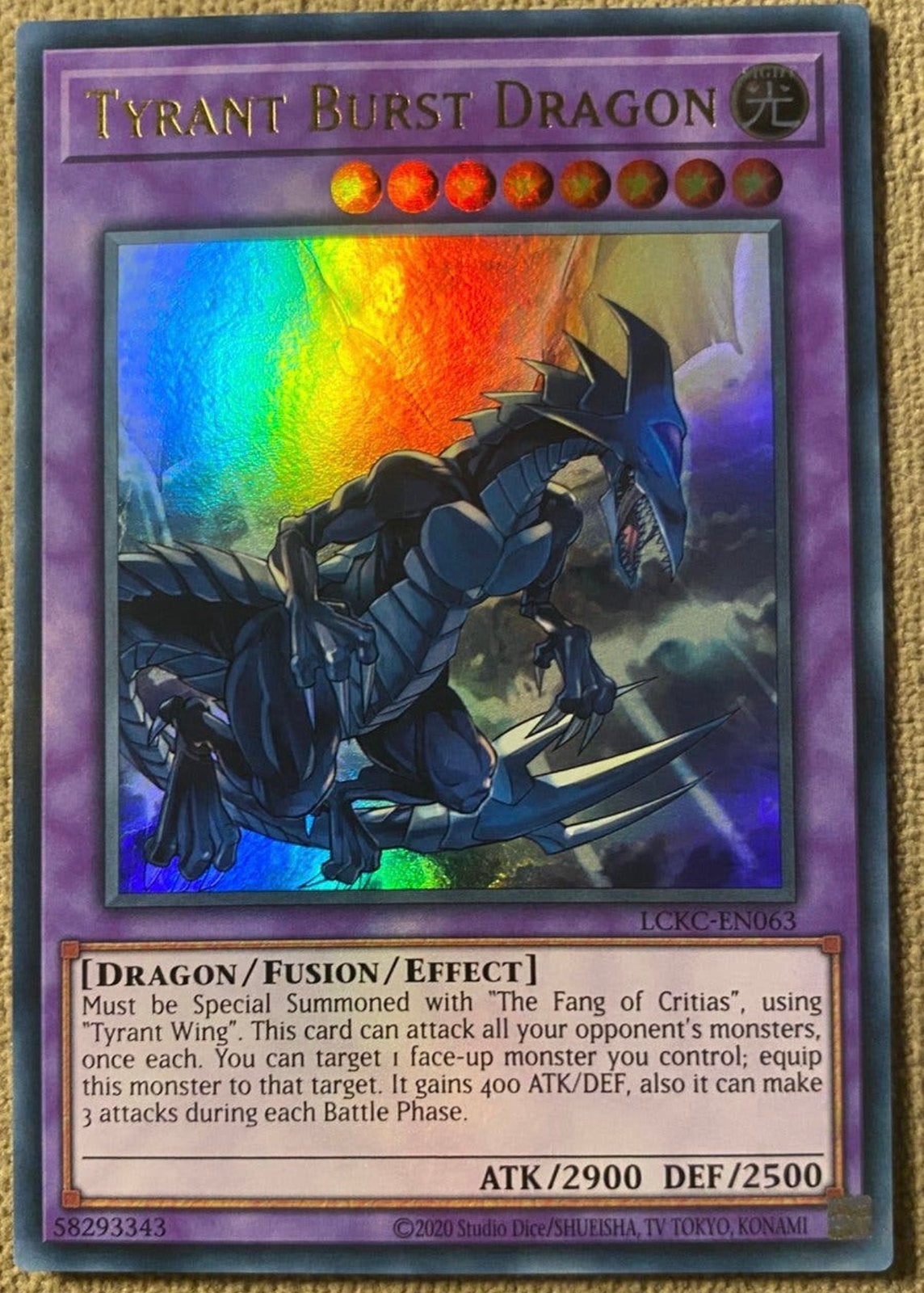 Yu-Gi-Oh! Tyrant Burst Dragon LCKC Print !, Ophalen of Verzenden, Zo goed als nieuw, Losse kaart, Foil