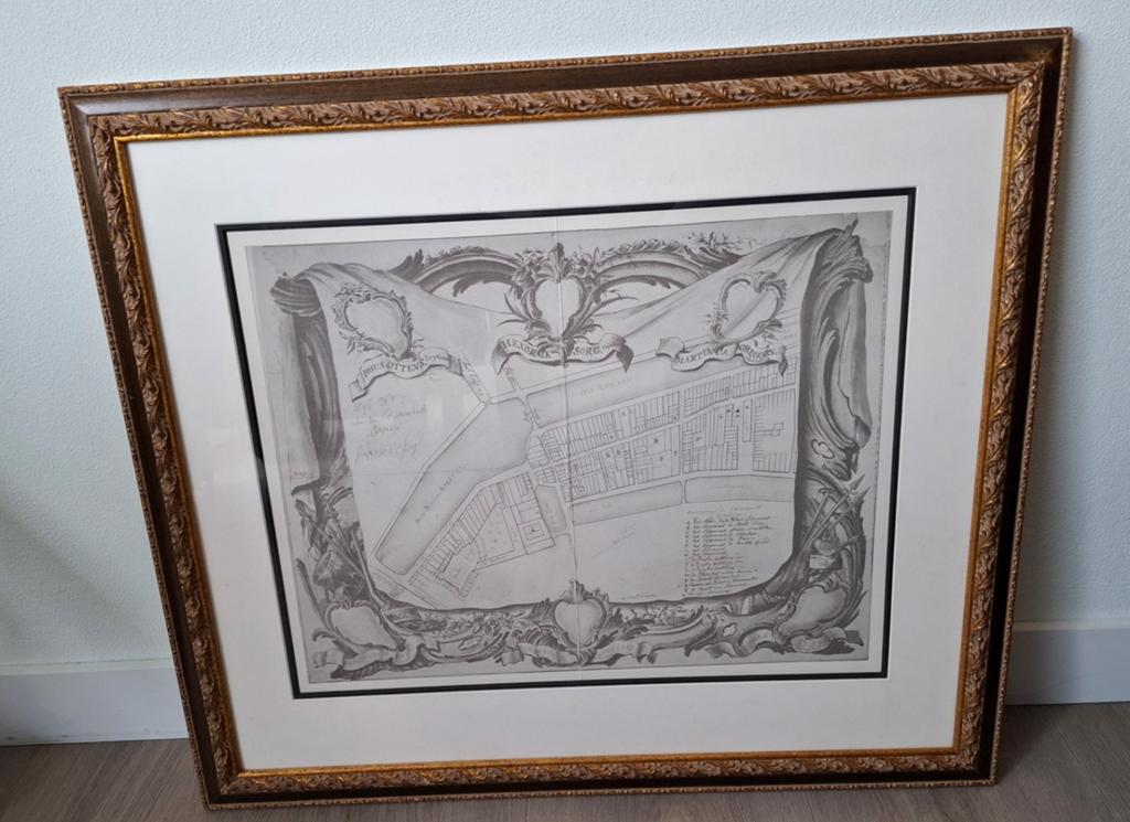 Historische plattegrond Amsterdam Rokin in mooie lijst, Antiek en Kunst, Ophalen, 61 cm, 71 cm