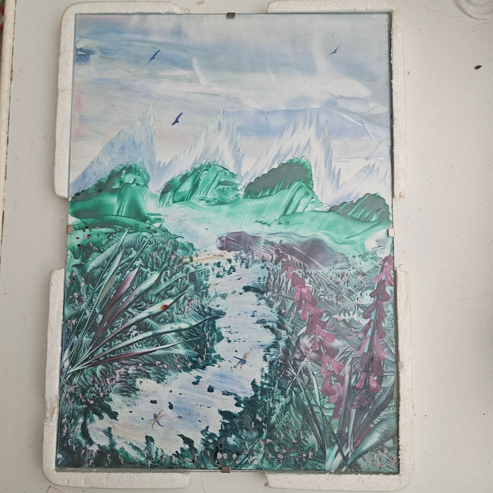 Bijenwas Tekening Landschap A4 - Uniek Kunstwerk, Landschap, Papier/karton, Met textuur, Ophalen of Verzenden