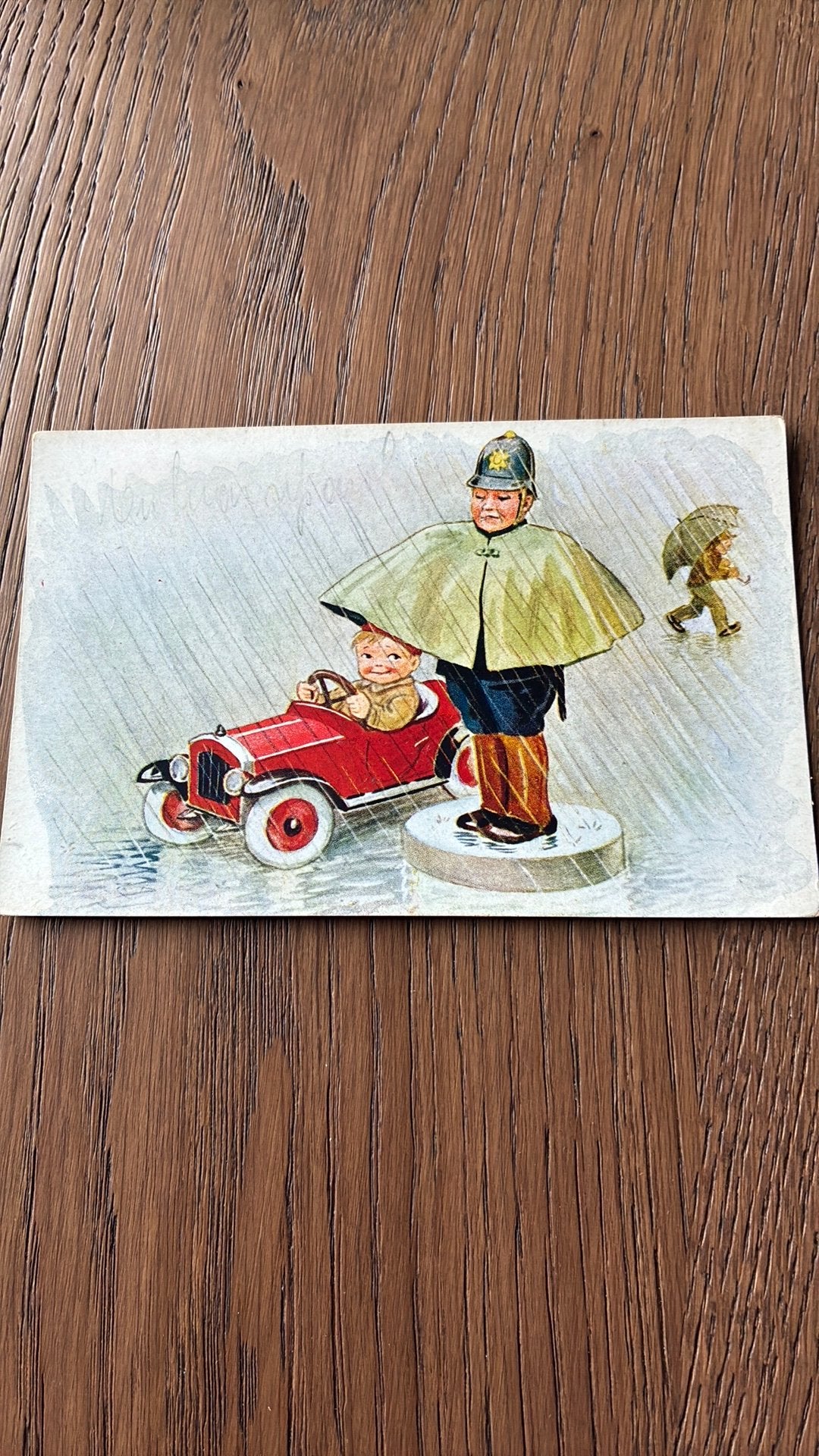 Fantasie. Schuilen voor de regen onder capr verkeersagent, Ophalen of Verzenden, Ongelopen