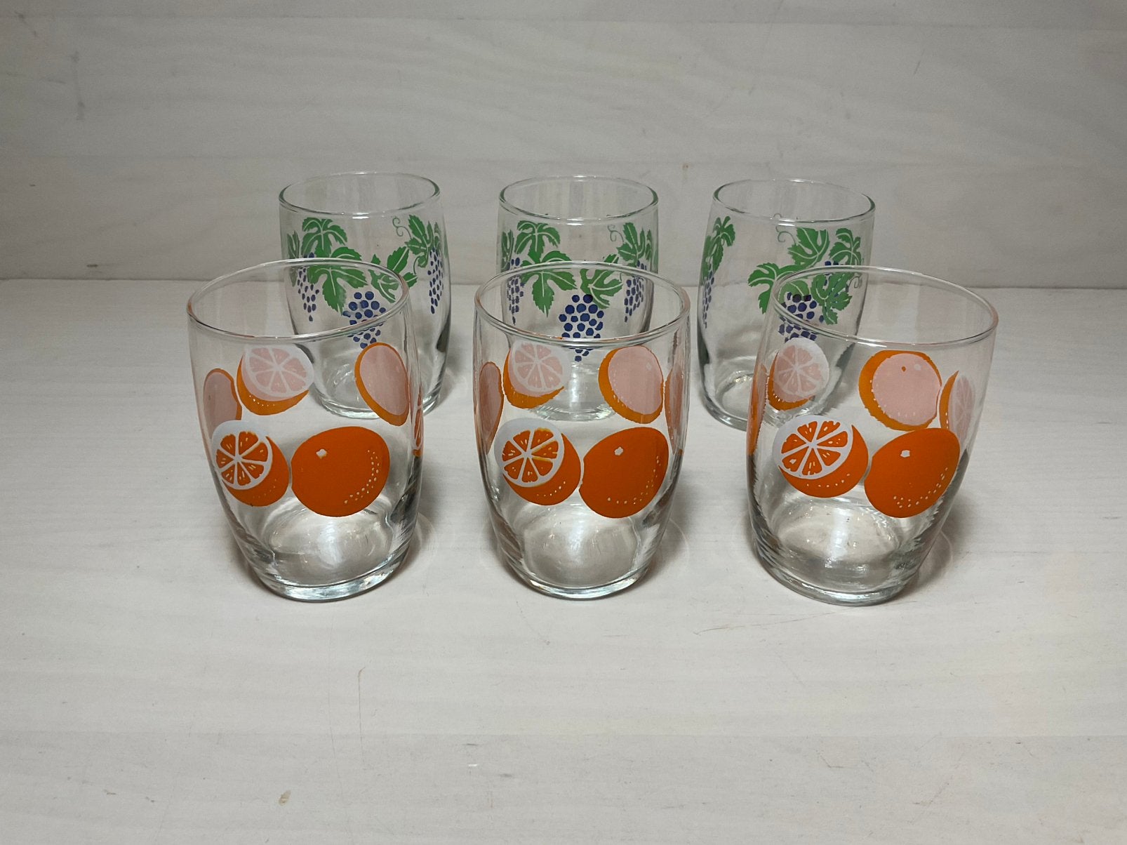 Zes vintage sapglaasjes seventies sinaasappel en druif, Ophalen of Verzenden, Gebruikt, Overige typen