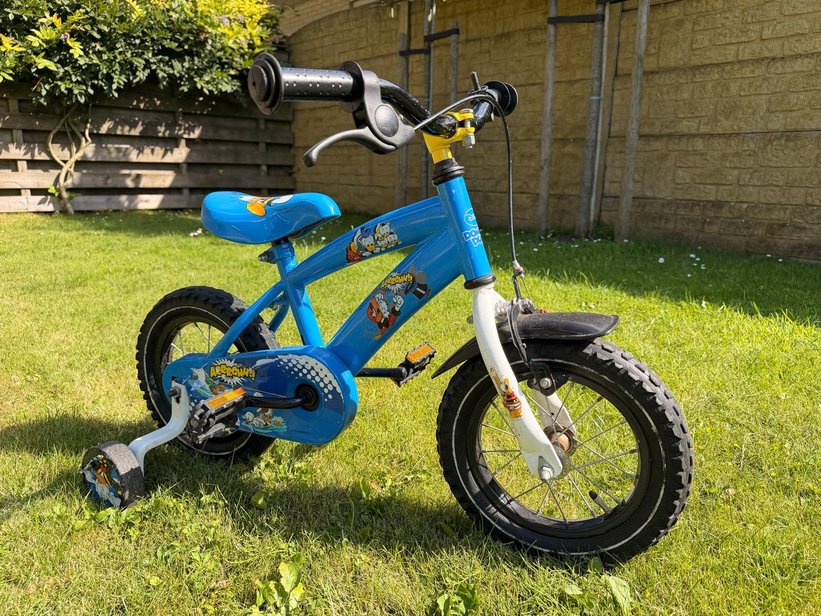 Blauwe kinderfiets met zijwieltjes - Donald Duck, Ophalen, Terugtraprem, Zijwieltjes, Gebruikt