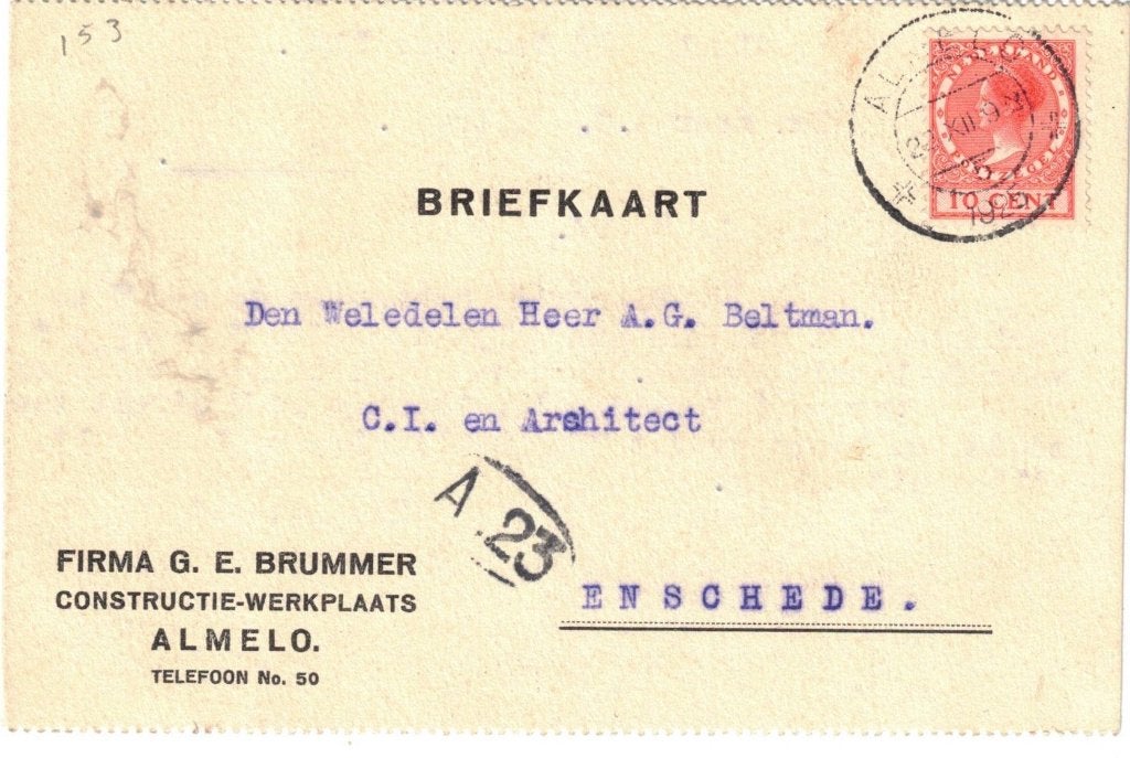 Almelo 1925   Fa Brummer, Verzenden, Briefkaart