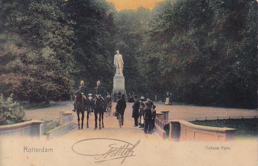 746B Rotterdam Park bereden politie, standbeeld Tollens 1905, Ophalen of Verzenden, Voor 1920, Gelopen, Zuid-Holland