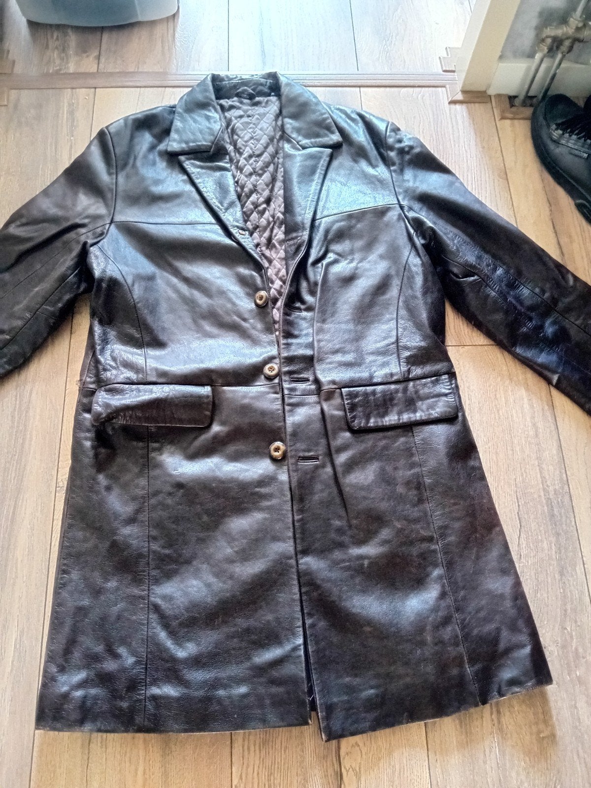 Leren lange jas., Ophalen, Gedragen, Maat 52/54 (L), Bruin