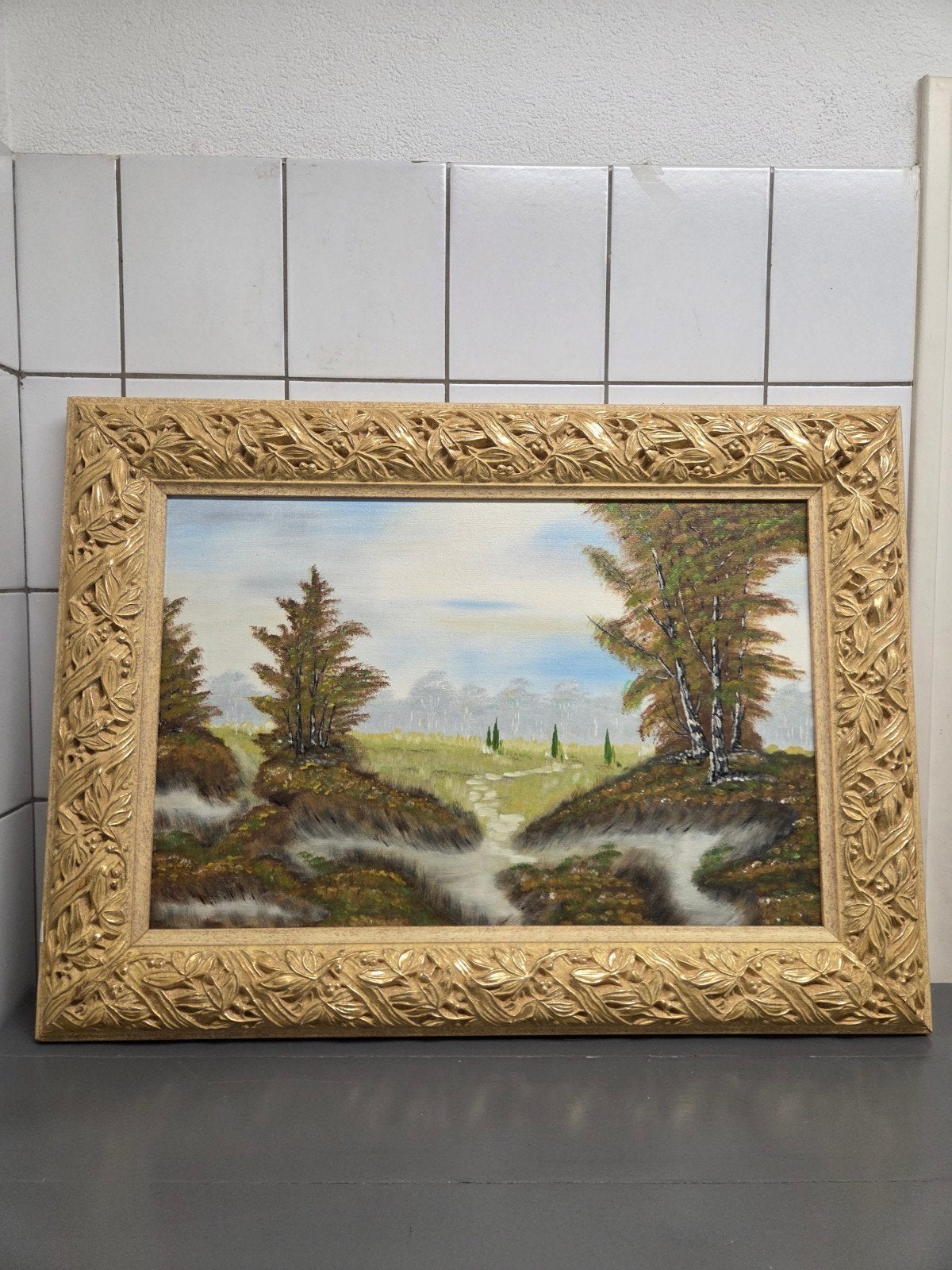 olieverf schilderij met gave lijst, landschap, heide, bos, Antiek en Kunst, Ophalen