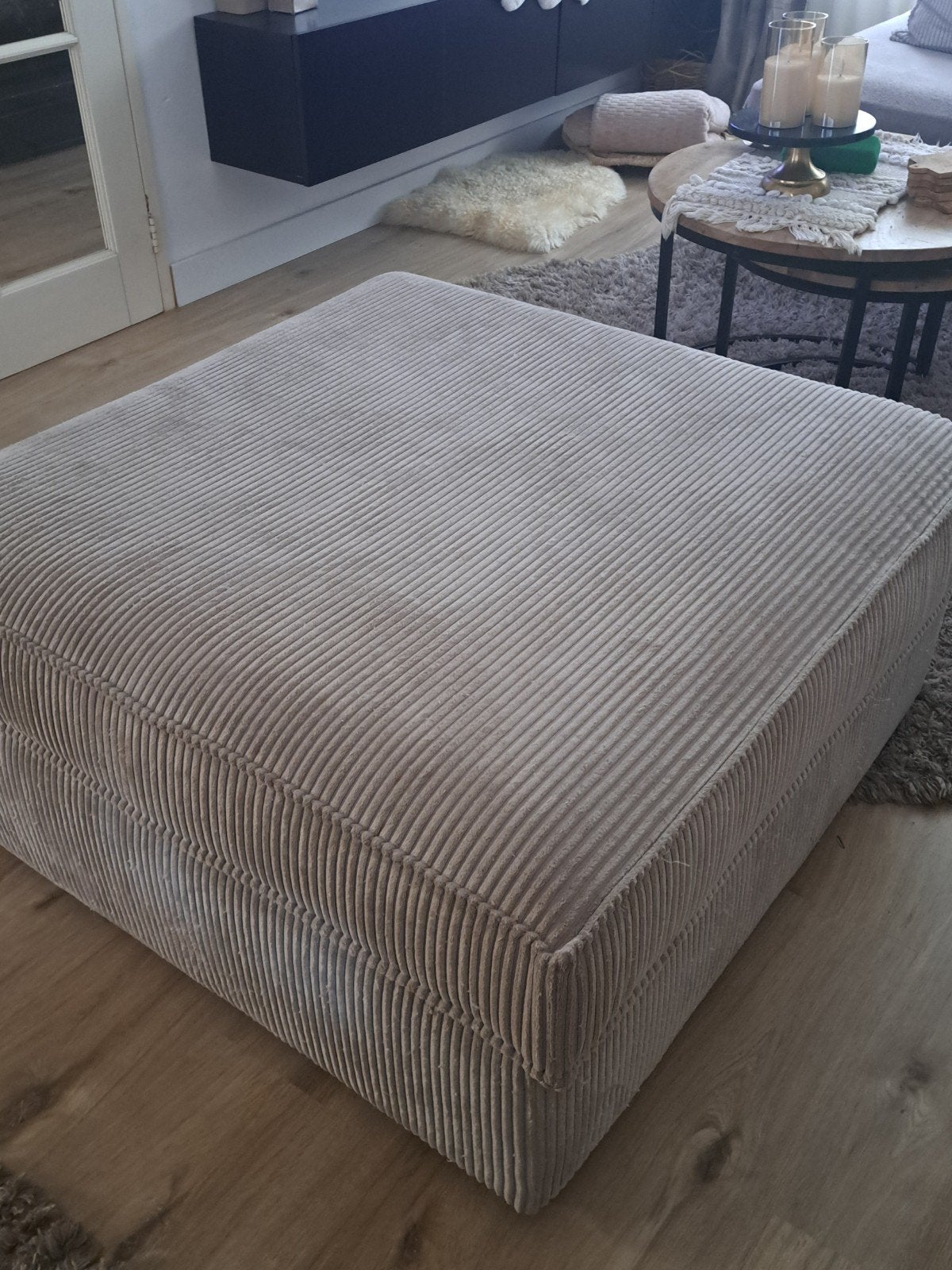 Ribbelstof poef/hocker taupe/beige 90x90x42 cm met rits, Huis en Inrichting, Ophalen, Gebruikt, Vierkant, 75 tot 100 cm