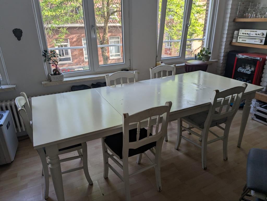 Uitschuifbare eettafel met 5 stoelen, Ophalen, Gebruikt, Klassiek, 200 cm of meer