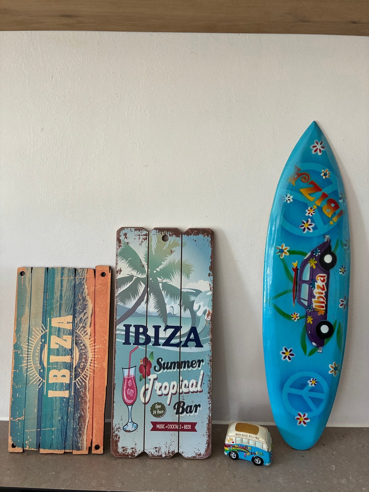 Ibiza decoratie set: 2 wandborden, surfplank, busje, Huis en Inrichting, Hout, Gebruikt, Meerkleurig, Boho