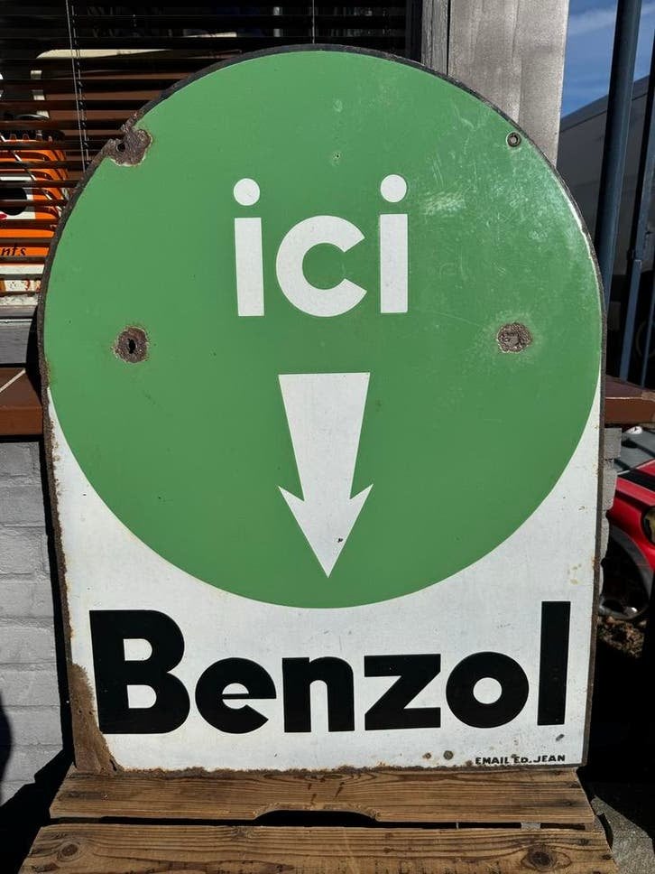 Vintage Emaille Bord "Ici Benzol" - Garage Reclame, Ophalen of Verzenden