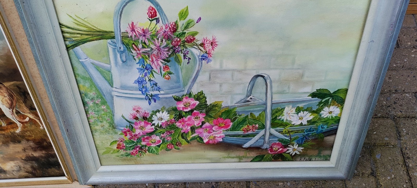 Schilderij met bloemen en gieters, gesigneerd, Antiek en Kunst, Kunst | Schilderijen | Klassiek, Ophalen of Verzenden