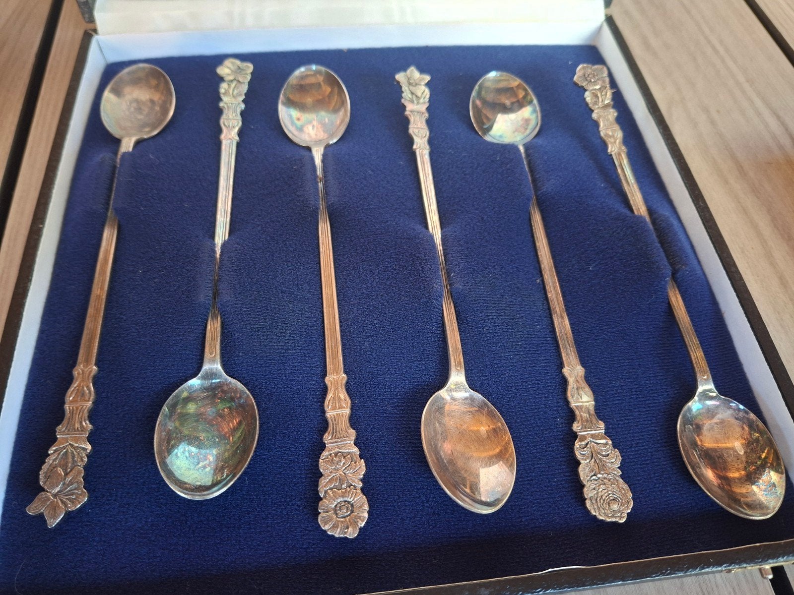 6 verzilverde vintage dessertlepels in opbergdoos, Ophalen
