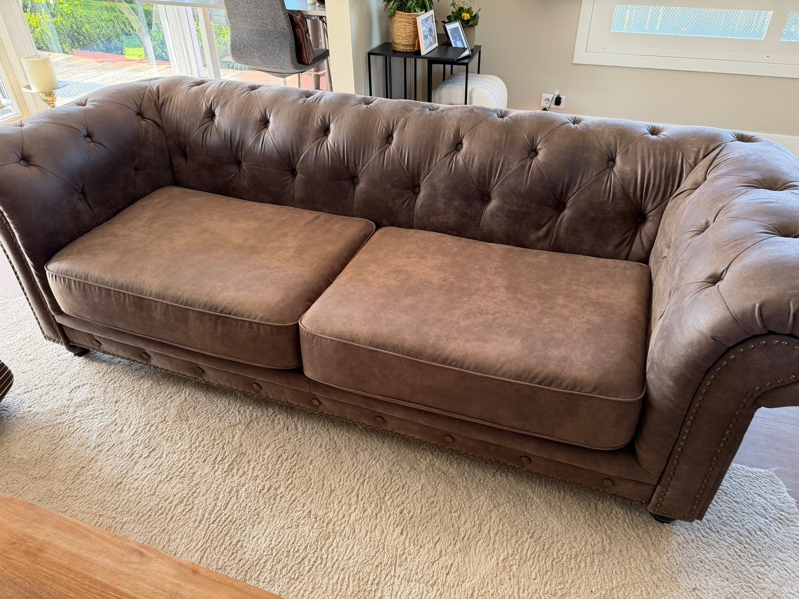 Chesterfield bank en fauteuil taupe, Ophalen, Gebruikt, Driepersoons, 75 tot 100 cm