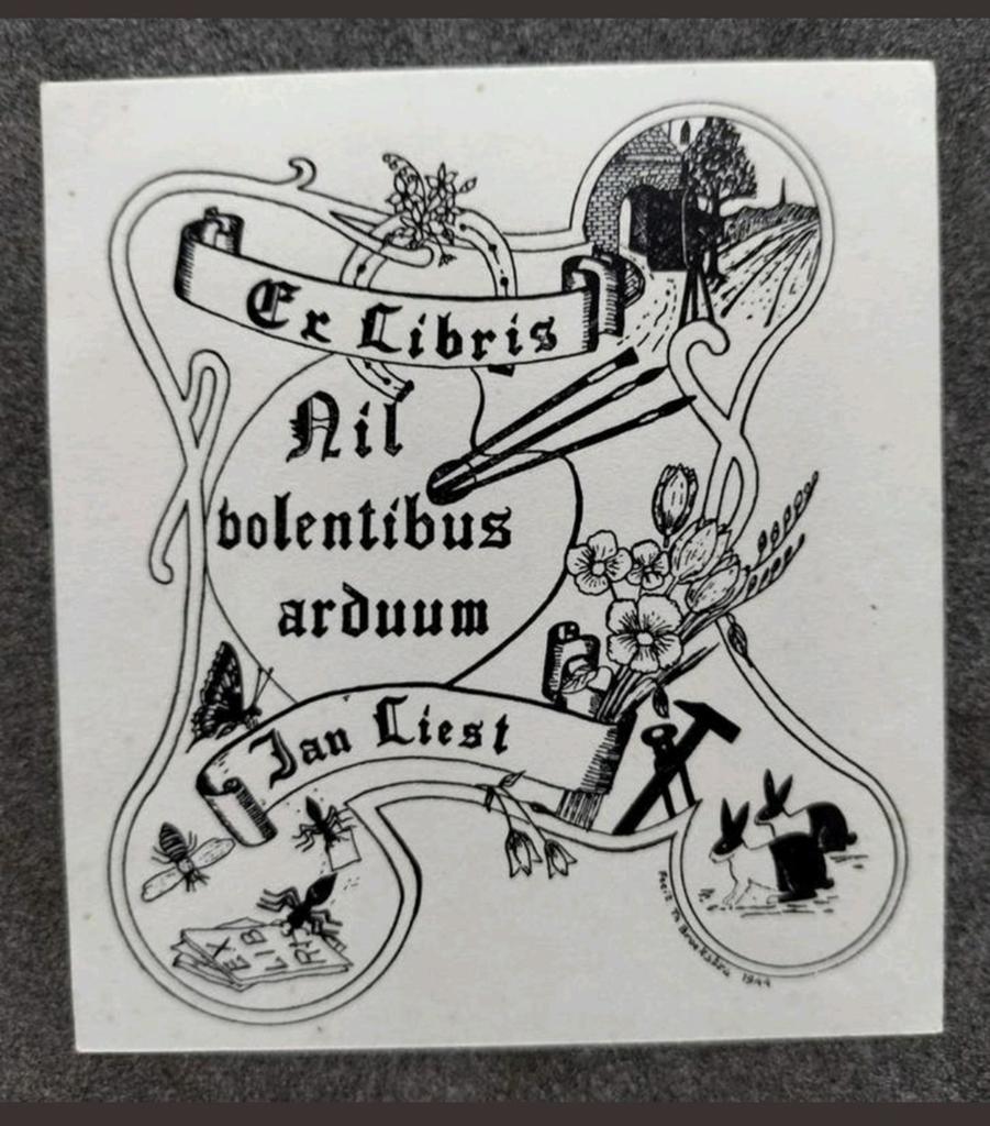 Exlibris Jan Liest (Theo Broekstra, 1944) (vlinder, konijn), 8 cm, 9 cm, Origineel, Flora en Fauna