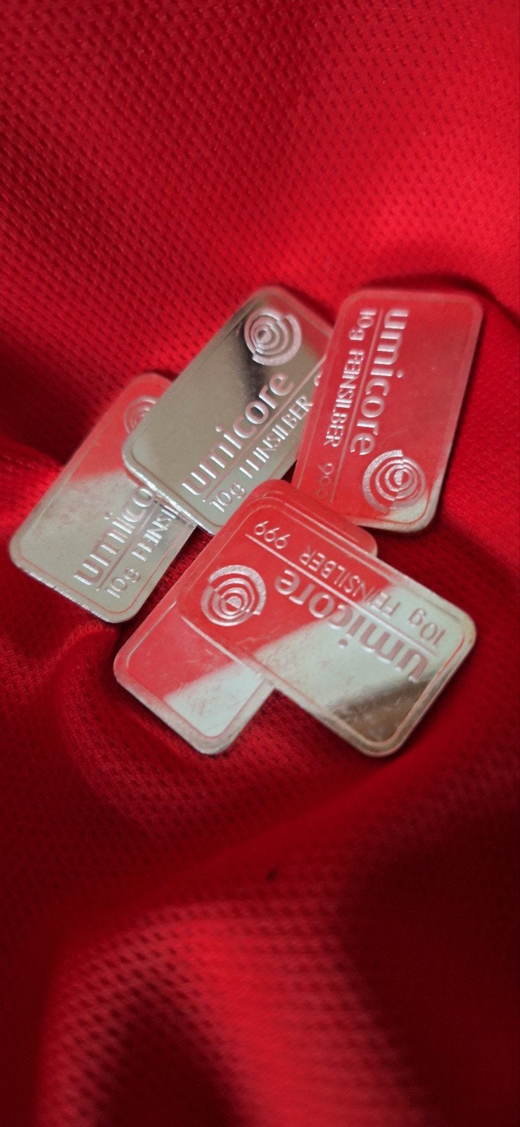 5x Umicore 10g Fijne Zilveren Baren 999.9, Postzegels en Munten, Verzenden, Zilver