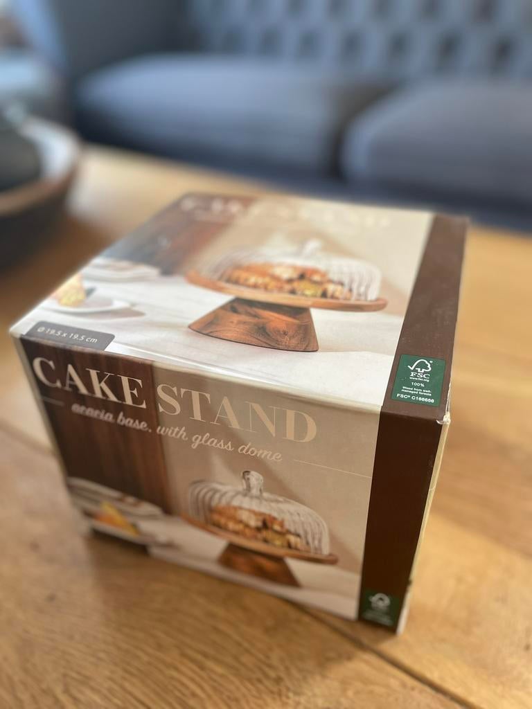 Glazen stolp op houten voet, taartstandaard, cake stand., Huis en Inrichting, Ophalen, Zo goed als nieuw
