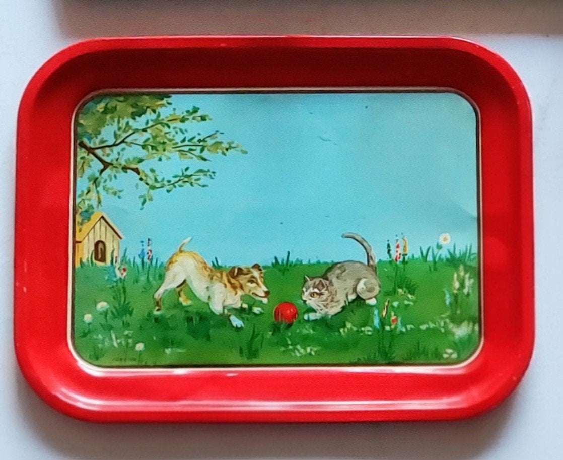 Antiek dienblad kat & hond vintage blik, Antiek en Kunst, Ophalen of Verzenden