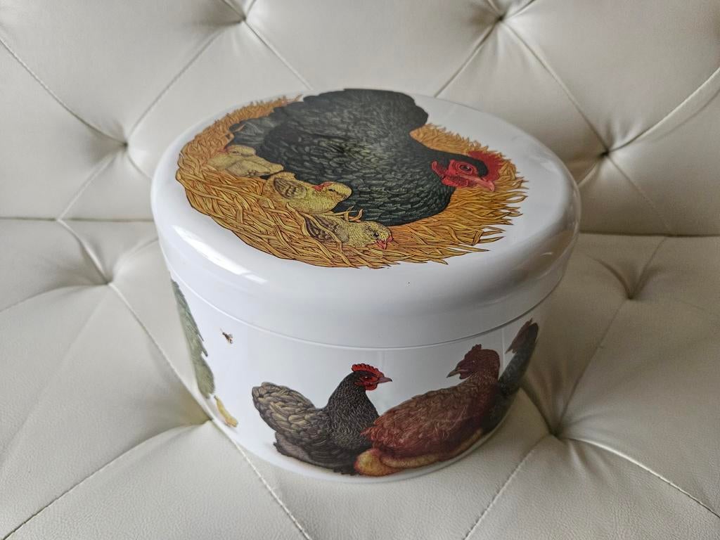 Grote ronde blik met kippen, Verzamelen, Blikken, Ophalen of Verzenden, Gebruikt, Overige, Overige merken